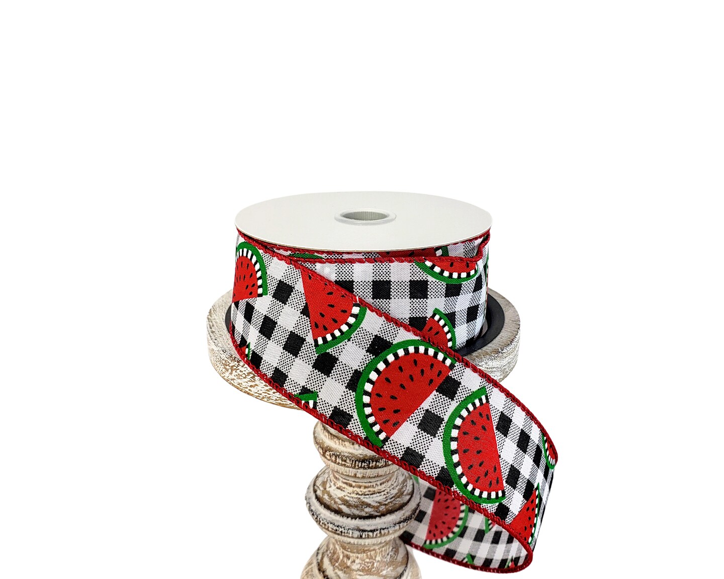 1.5&#x22;x10YD Wired Black/White Buffalo Plaid Ribbon with Watermelon Slices - Classic and Playful Design-RJ10609