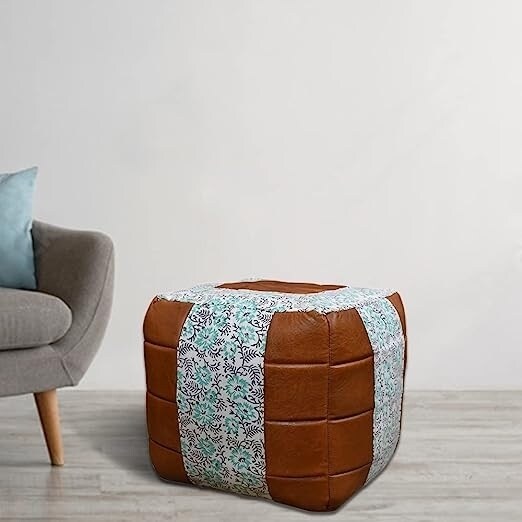 Bbh Homes Handmade Canvas Leather 18X18 Green Brown Square Pouf Indoor Use