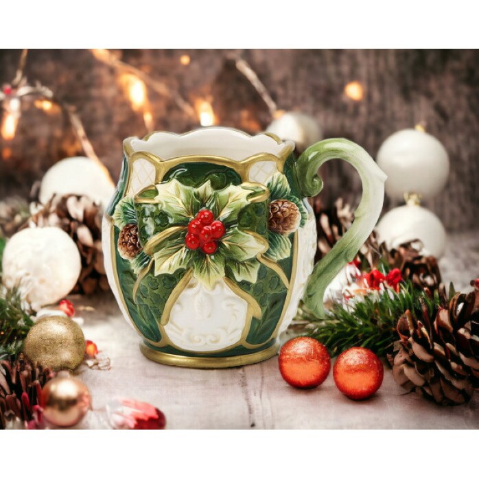 Christmas Decor Hand Painted Ceramic Holly Mug (SET OF 4) Jolly Home Decoration