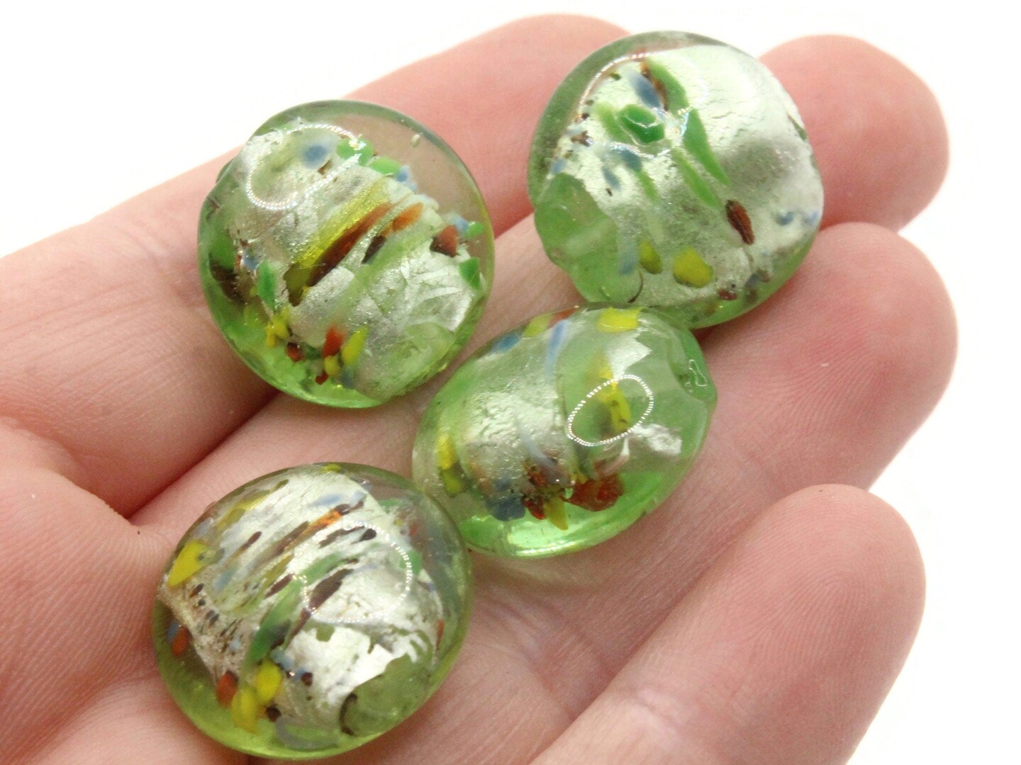 4 21mm Green Speckled Coin Flat Round Lampwork Glass Beads
