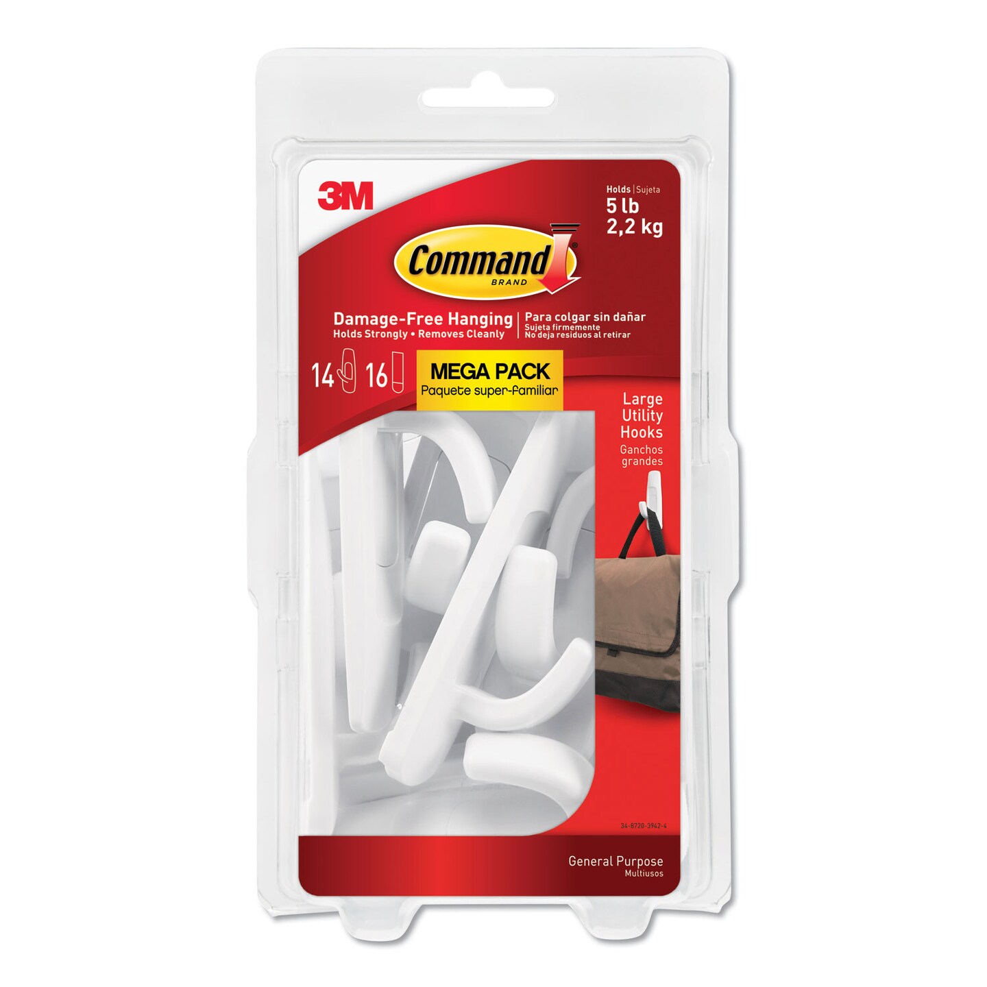 Command General Purpose Hooks Large 5 lb Cap White 14 Hooks and 16 Strips/Pack