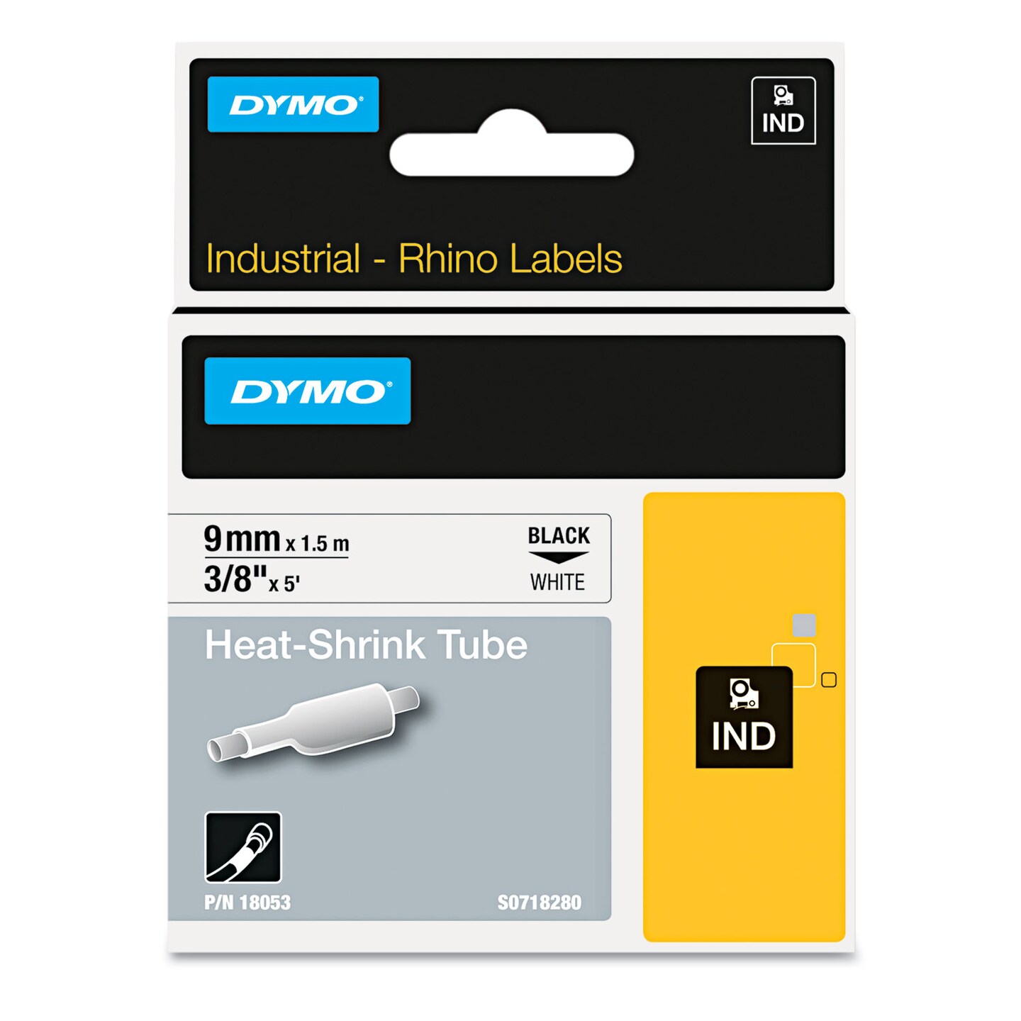 Dymo Rhino Heat Shrink Tubes Industrial Label Tape 3/8 x 5 ft White/Black Print