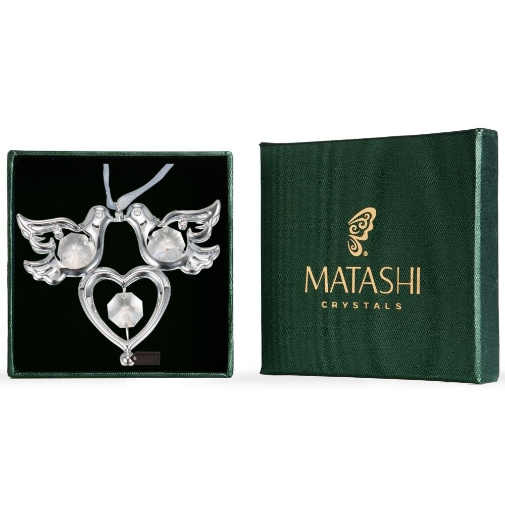 Silver Plated Red Crystal Studded Love Doves Hanging Ornament With Double Heart By Matashi