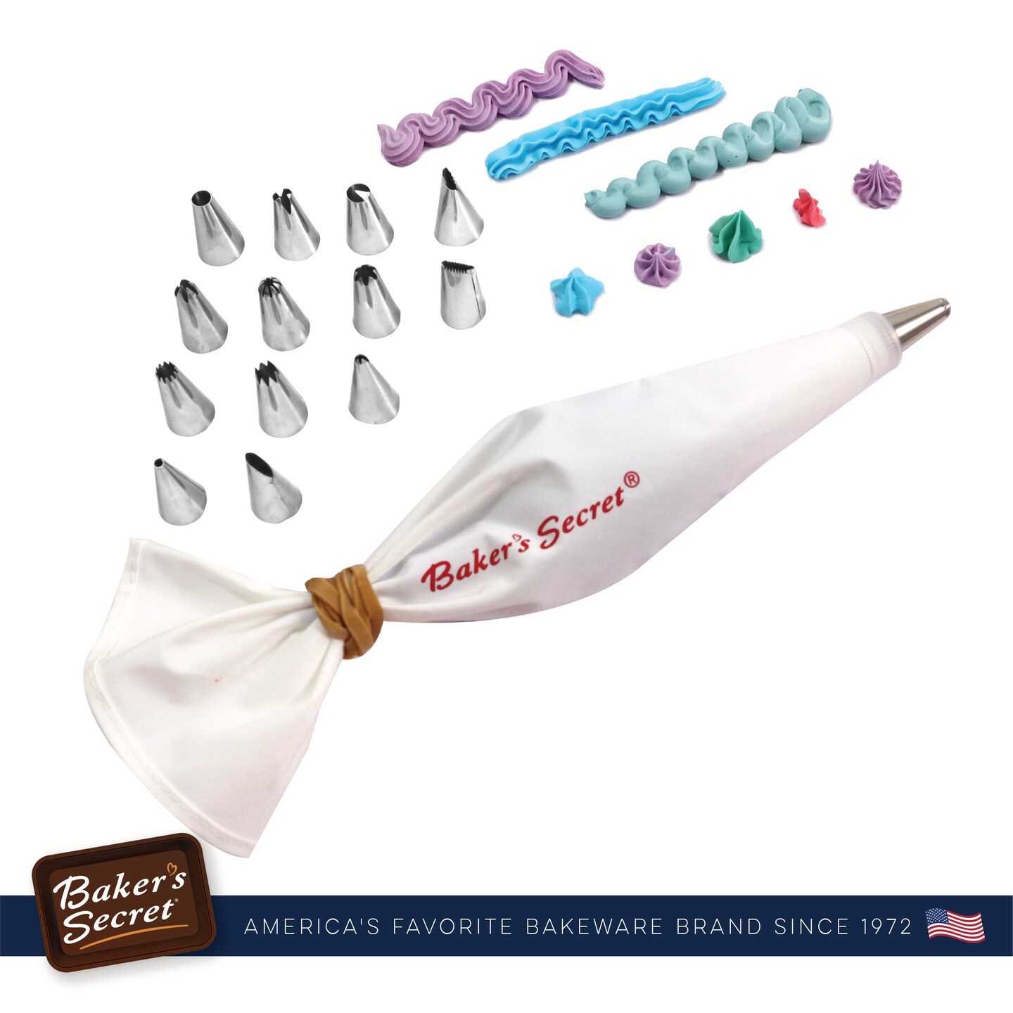 Baker&#x27;s Secret - Reusable Piping bag and Tips Cake Decorating Supplies Kit, 16 Pieces Cake Decorating Set, Baking Kitchen Essentials