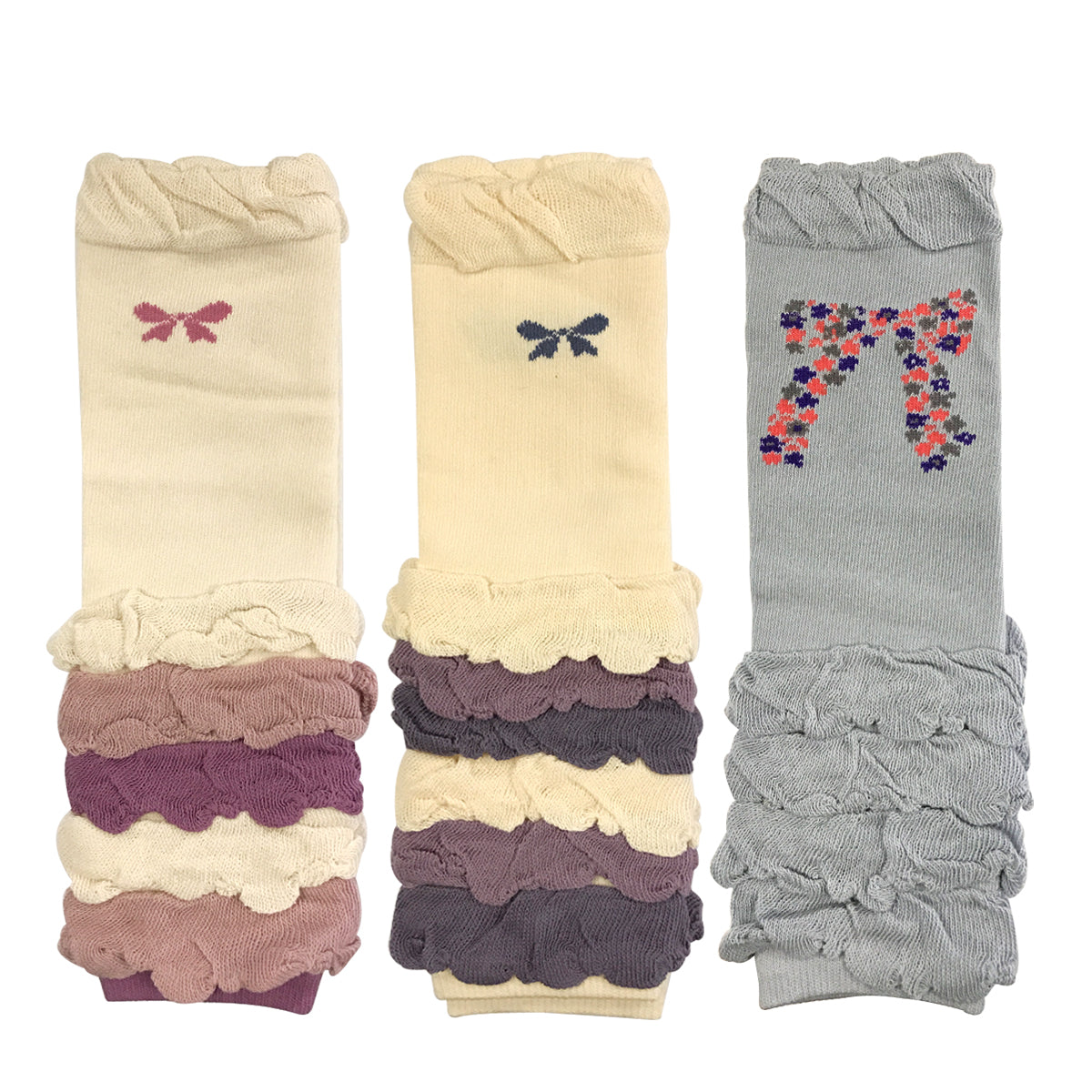 Wrapables Colorful Baby Leg Warmers Set of 3, Half Ruched and Bows