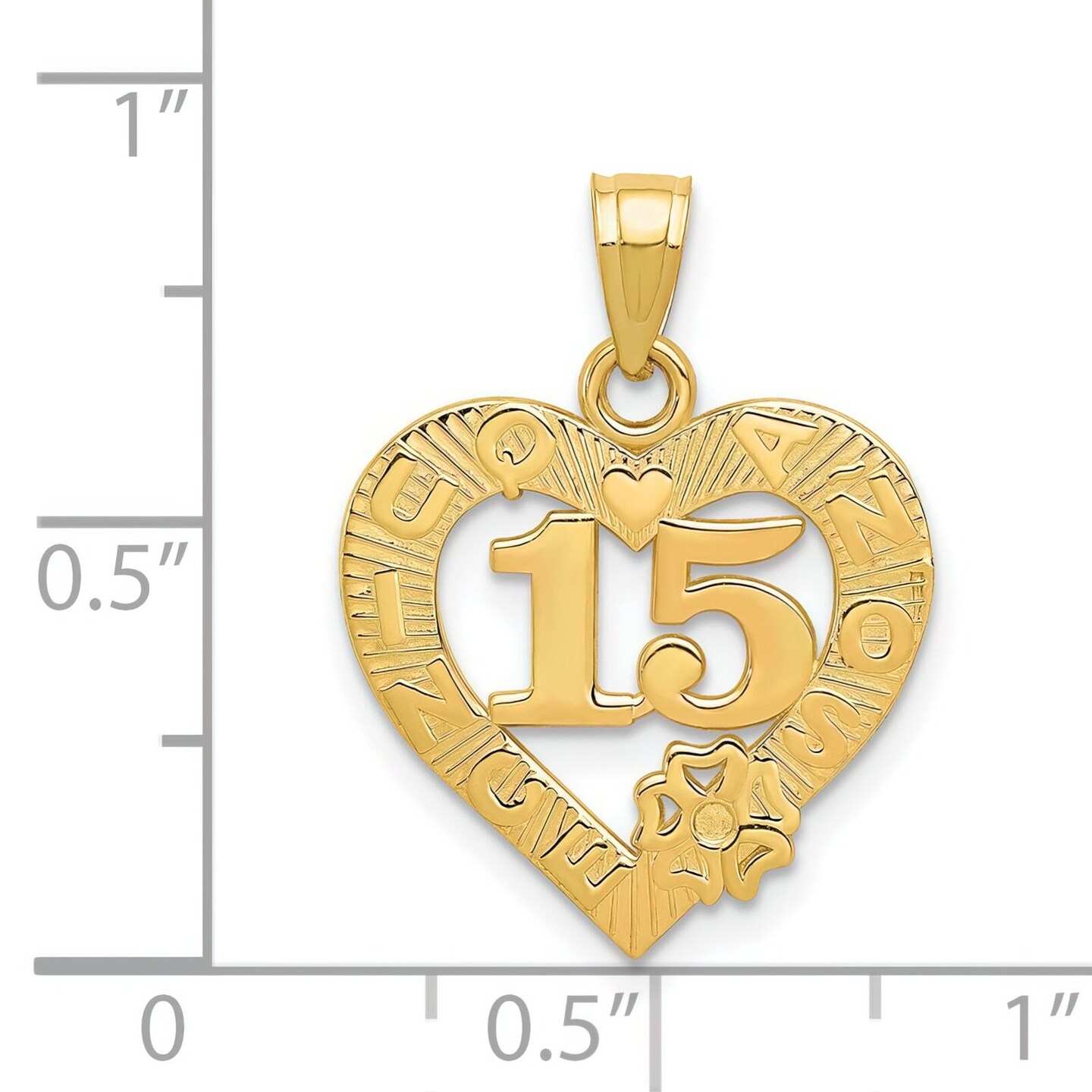 14K Gold 15 Quince Anos Heart Charm Birthday Pendant Jewerly 22mm x 16mm