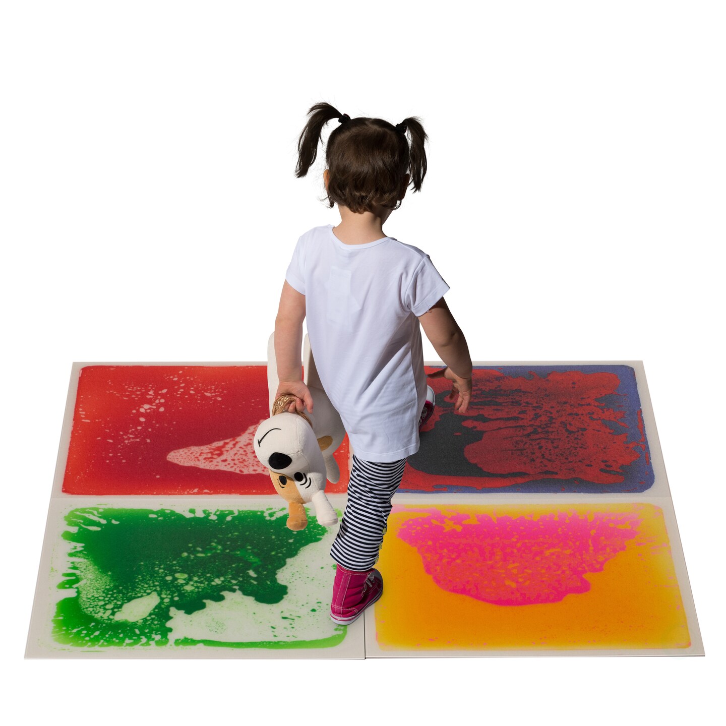 Sensory Liquid Gel Floor Square Tiles, 19.5 x 19.5 Inch Red Orange White Green Pink Purple Yellow Blue Kids Floor Mat, 4 Pack