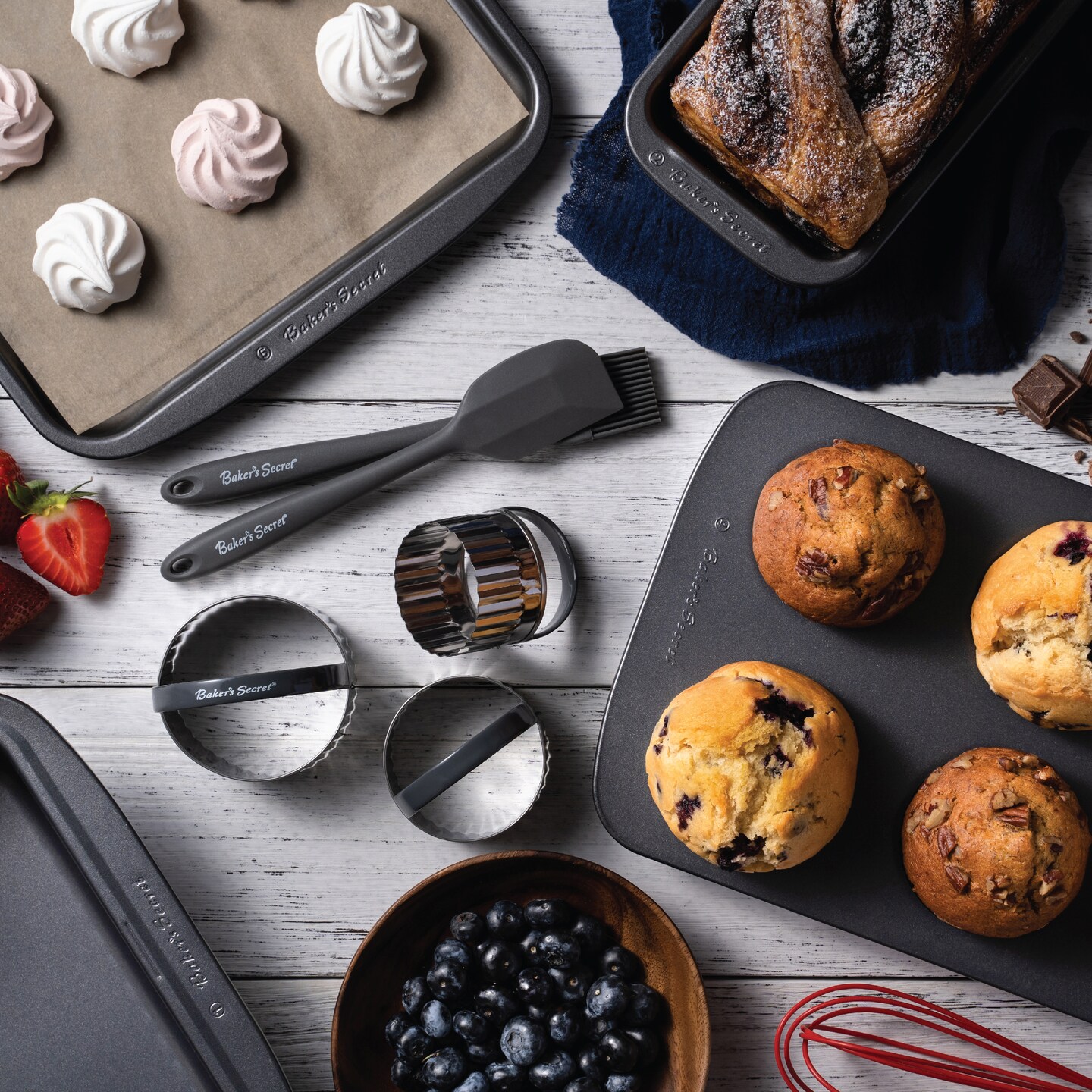 Baker's Secret Stackable Baking Set of 5 Bakeware Pans, Bakeware Set, Baking Pan Set Includes Muffin Pan, Roaster Pan, Square Pan, Cookie Sheet, Loaf