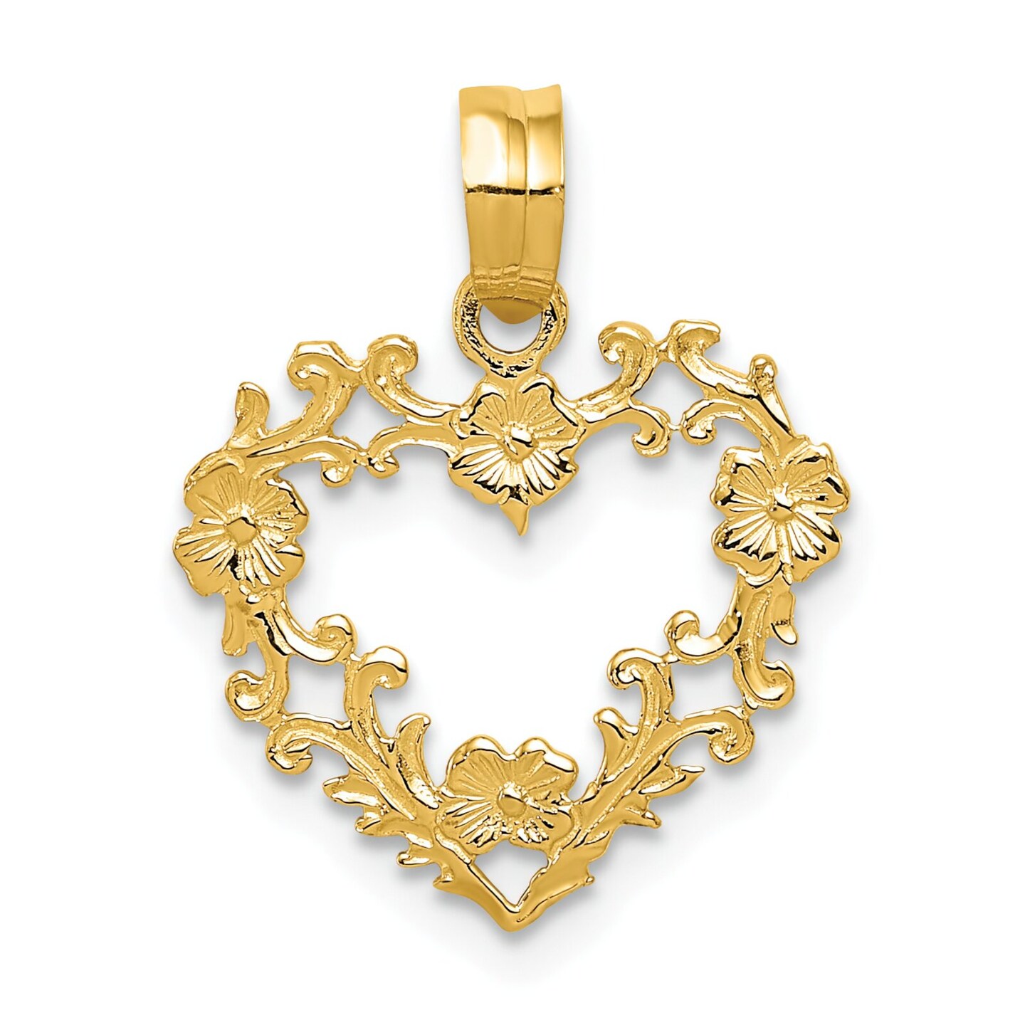14K Yellow Gold Flower Heart Charm Floral Love Pendant! Jewerly 19mm x 15mm