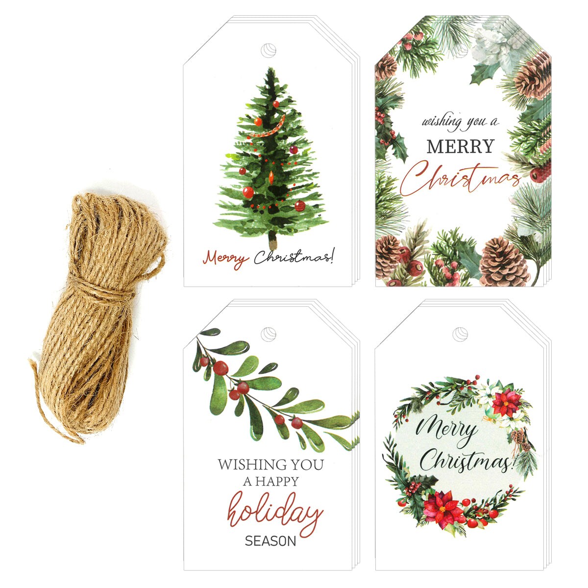 Wrapables Merry Christmas Gift Tags/Kraft Hang Tags with Jute Strings for Gift-Wrapping, Labeling, Package Decoration, (100pcs)