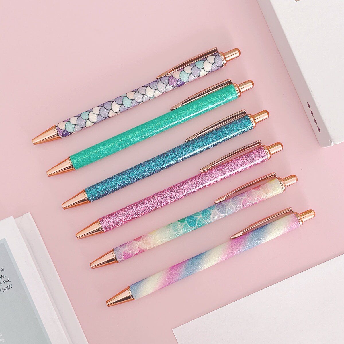 Wrapables Glitter Ballpoint Pens for Women, 1.0mm Medium Point Retractable Metal Pens (Set of 6)
