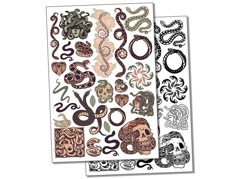 Snakes Serpents Medusa Gorgon Temporary Tattoo Water Resistant Fake Body Art Set Collection