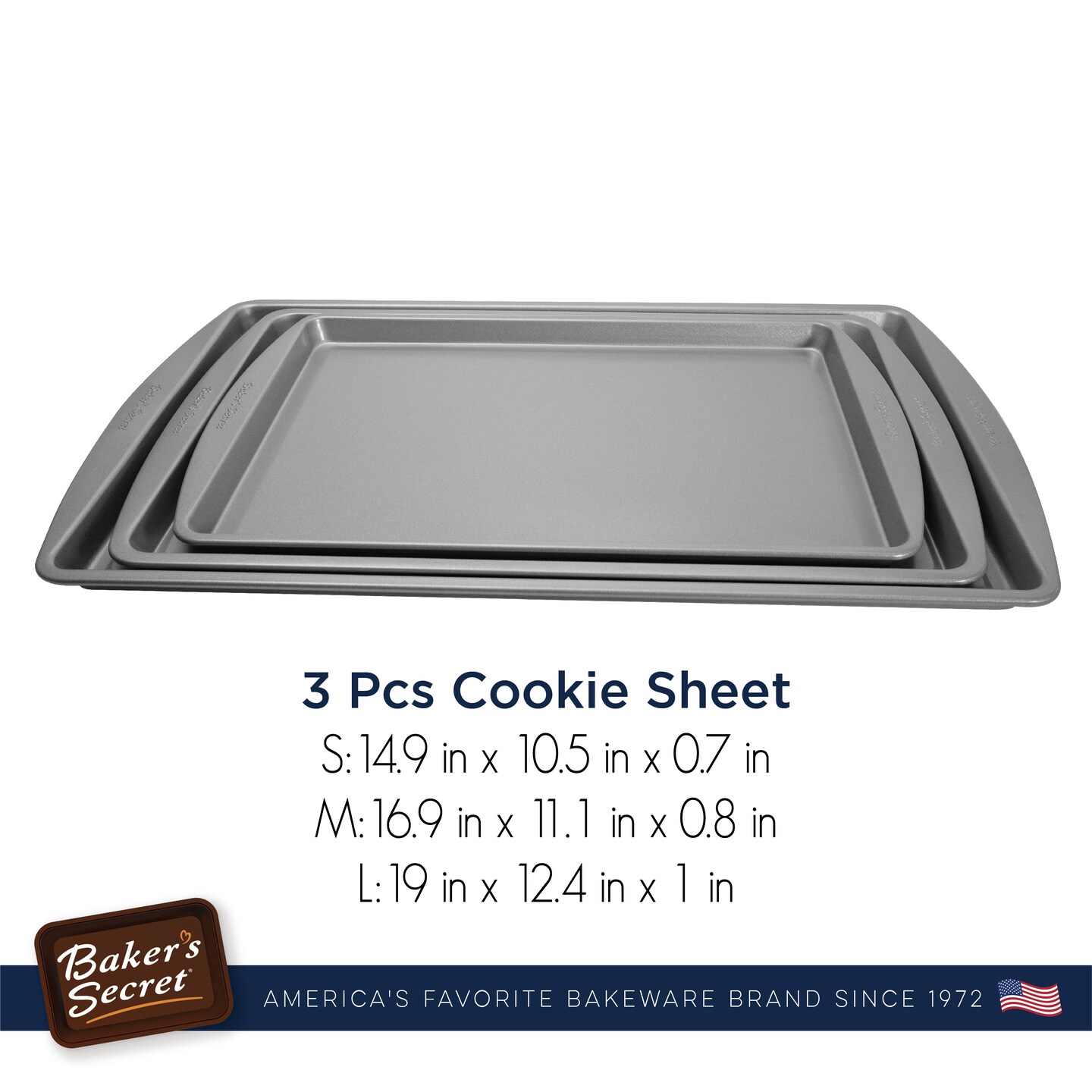 Baker's Secret Set of 3 Cookie Sheets, 15" 17" 19", Nonstick Coating for Easy Release, Cookie Trays for Baking Roasting Cooking, Dishwasher Safe DIY Home Baking Supplies - Essentials Collection