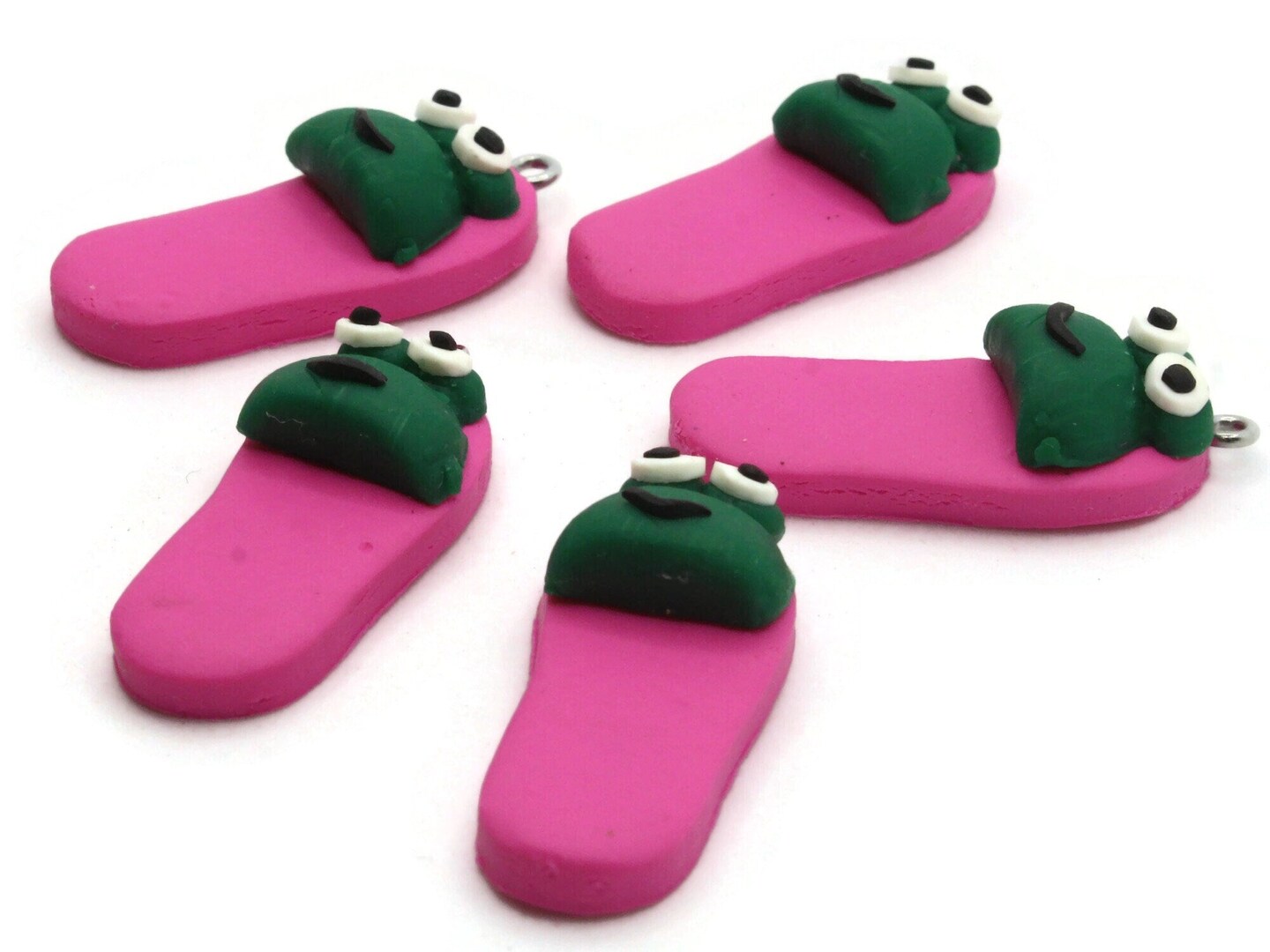 5 34mm Hot Pink And Green Frog Slipper Polymer Clay Miniature Charms