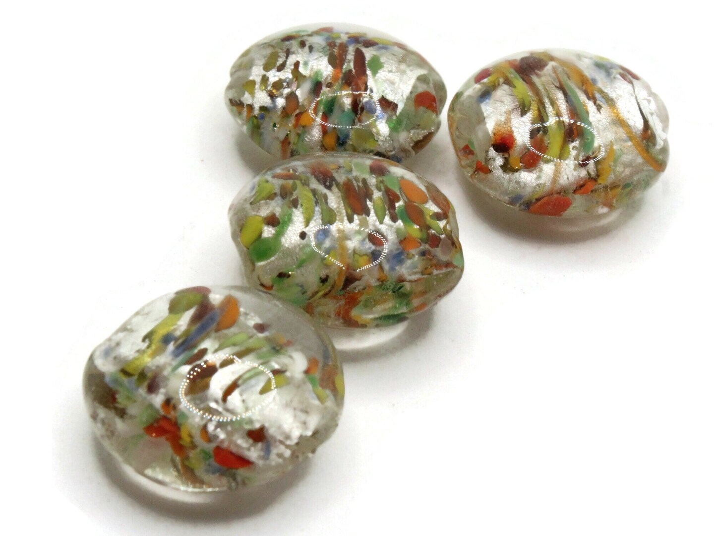 4 21mm Clear Speckled Coin Flat Round Lampwork Glass Beads