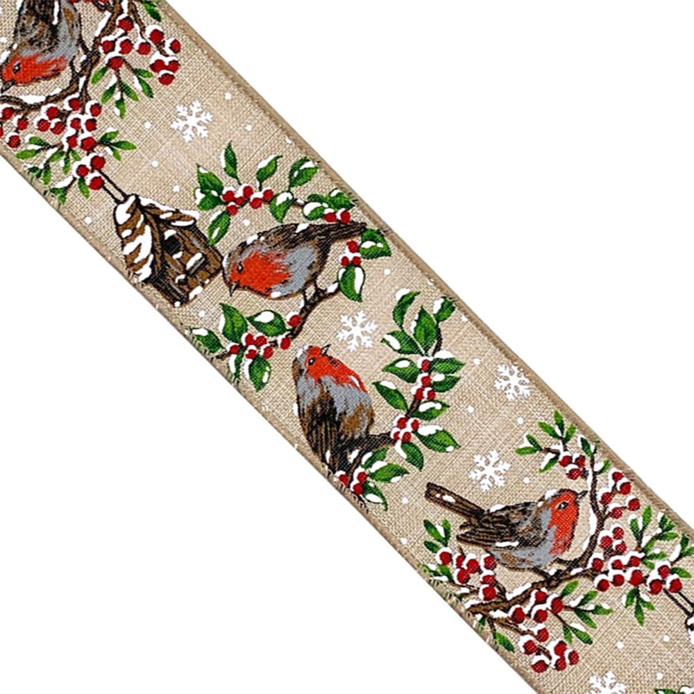 Designer&#x2019;s Shop WR 63-5195 Holiday Winter Berries with Bird and Bird house Wired edge ribbon 2.5&#x201D; x 10 yard