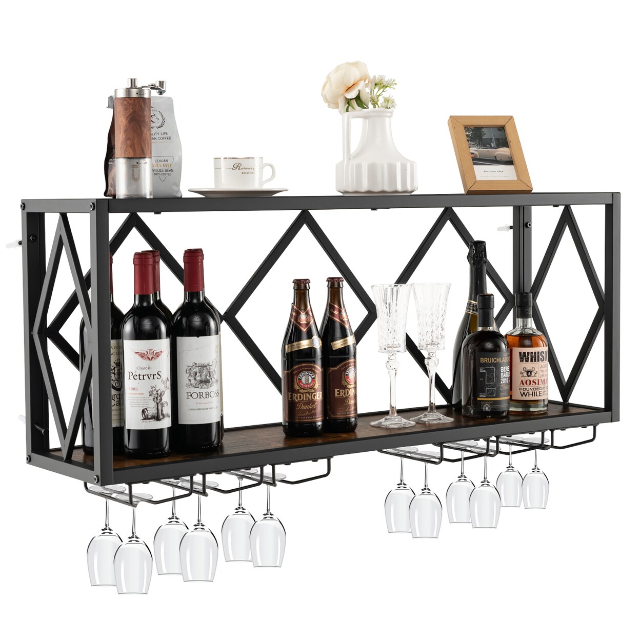 Gymax Wall Mounted Wine Rack Industrial Storage Display Shelf Glass Holder Kitchen