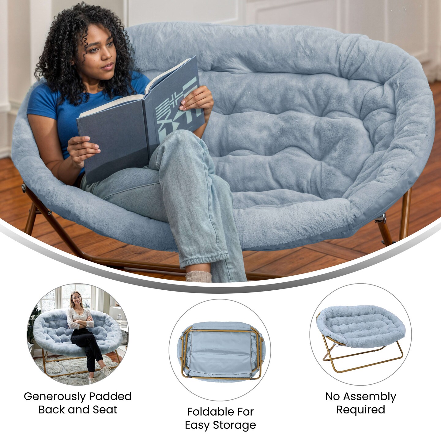 Emma and Oliver Janey Folding Double Saucer Chair with Steel Frame for Dorm, Living Room, or Bedroom