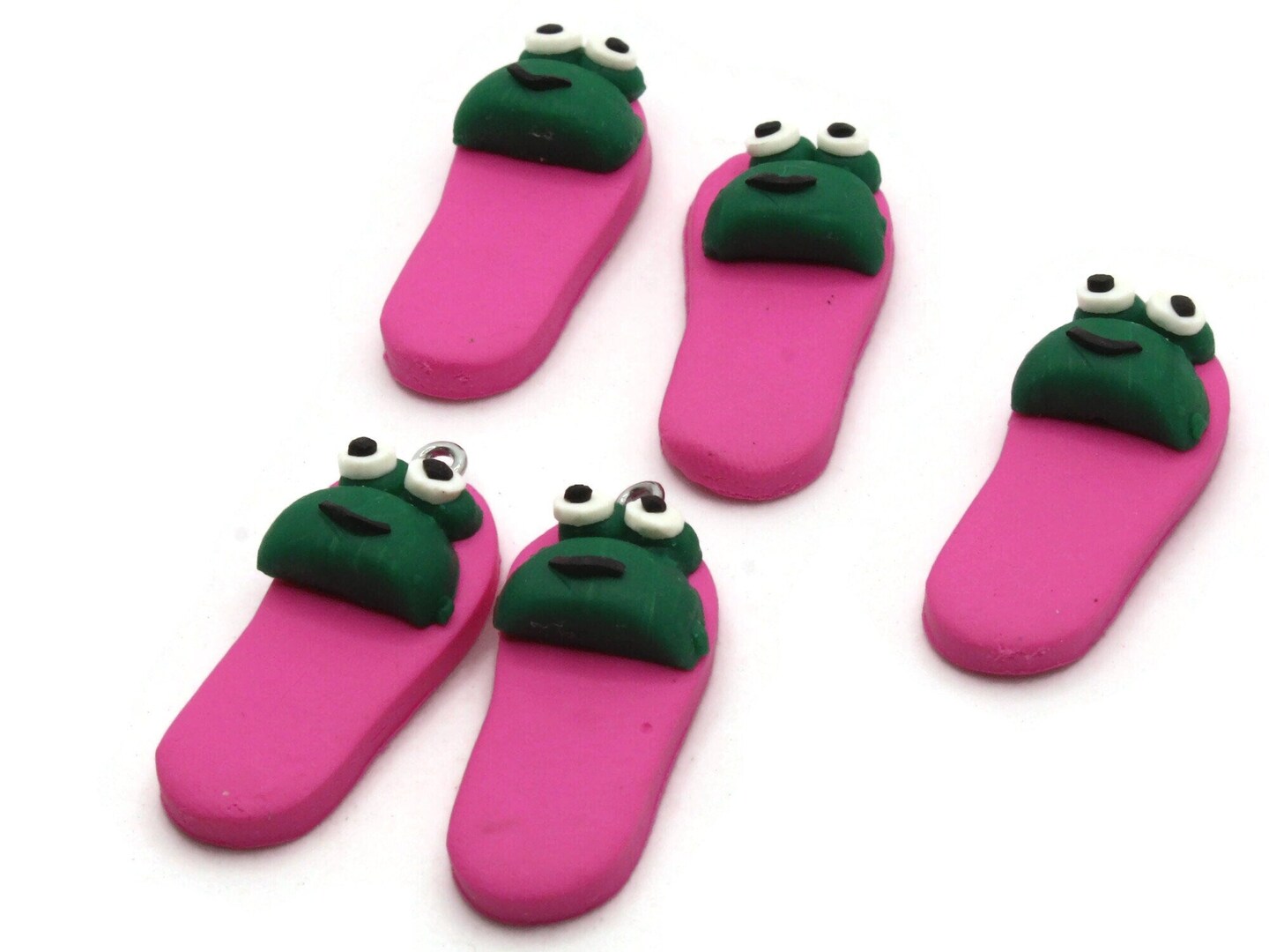 5 34mm Hot Pink And Green Frog Slipper Polymer Clay Miniature Charms