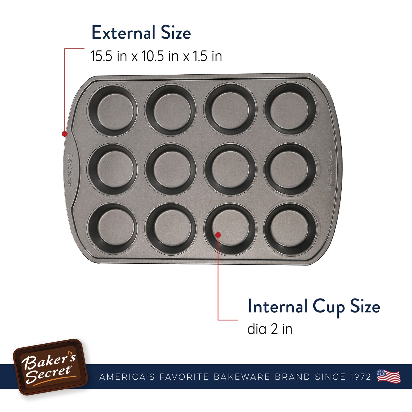 Baker&#x27;s Secret 12cup Muffin Pan Cupcake Nonstick Pan - Carbon Steel Pan for Muffins Cupcakes Non stick Coating Easy Release Dishwasher Safe DIY Bakeware Baking Supplies - Classic Collection