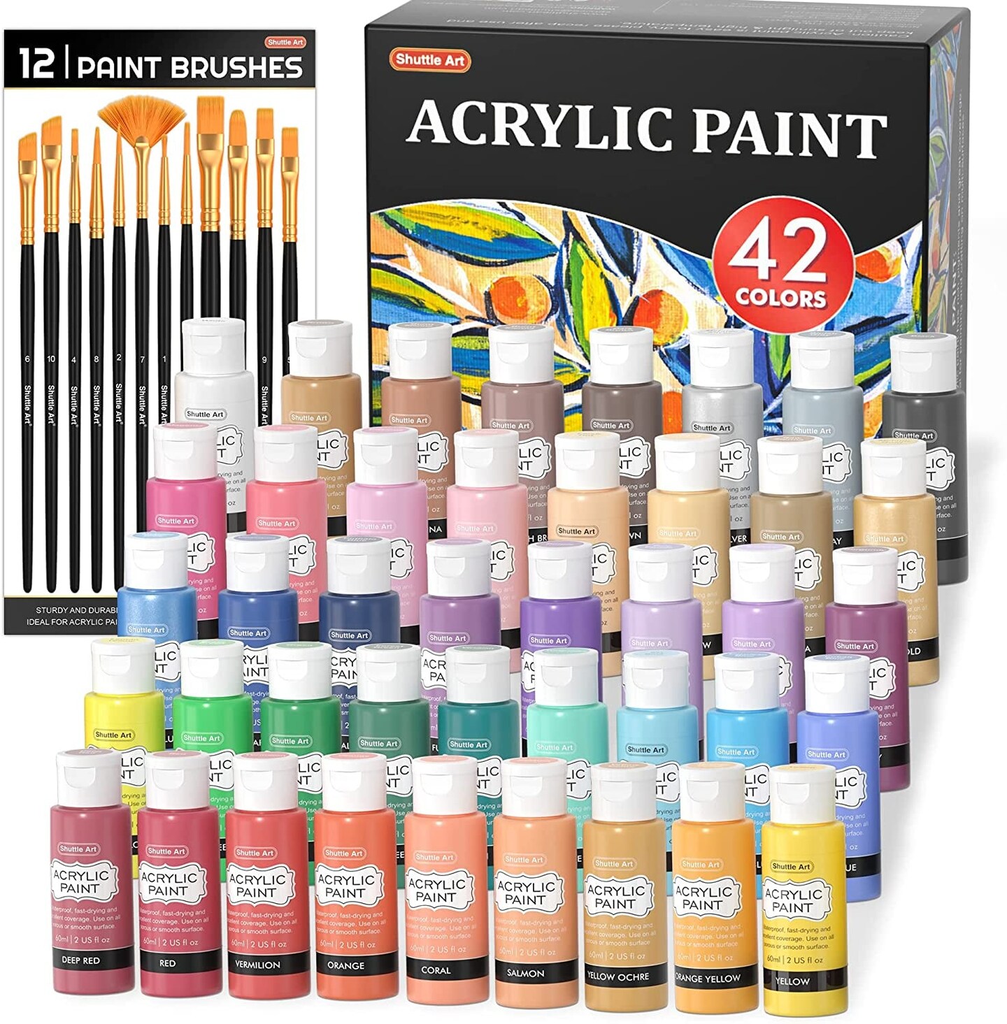 Shuttle Art Acrylic Paint 50 Colors Acrylic Paint Set 2oz/60ml Bottles Rich  Pigmented Water Proof