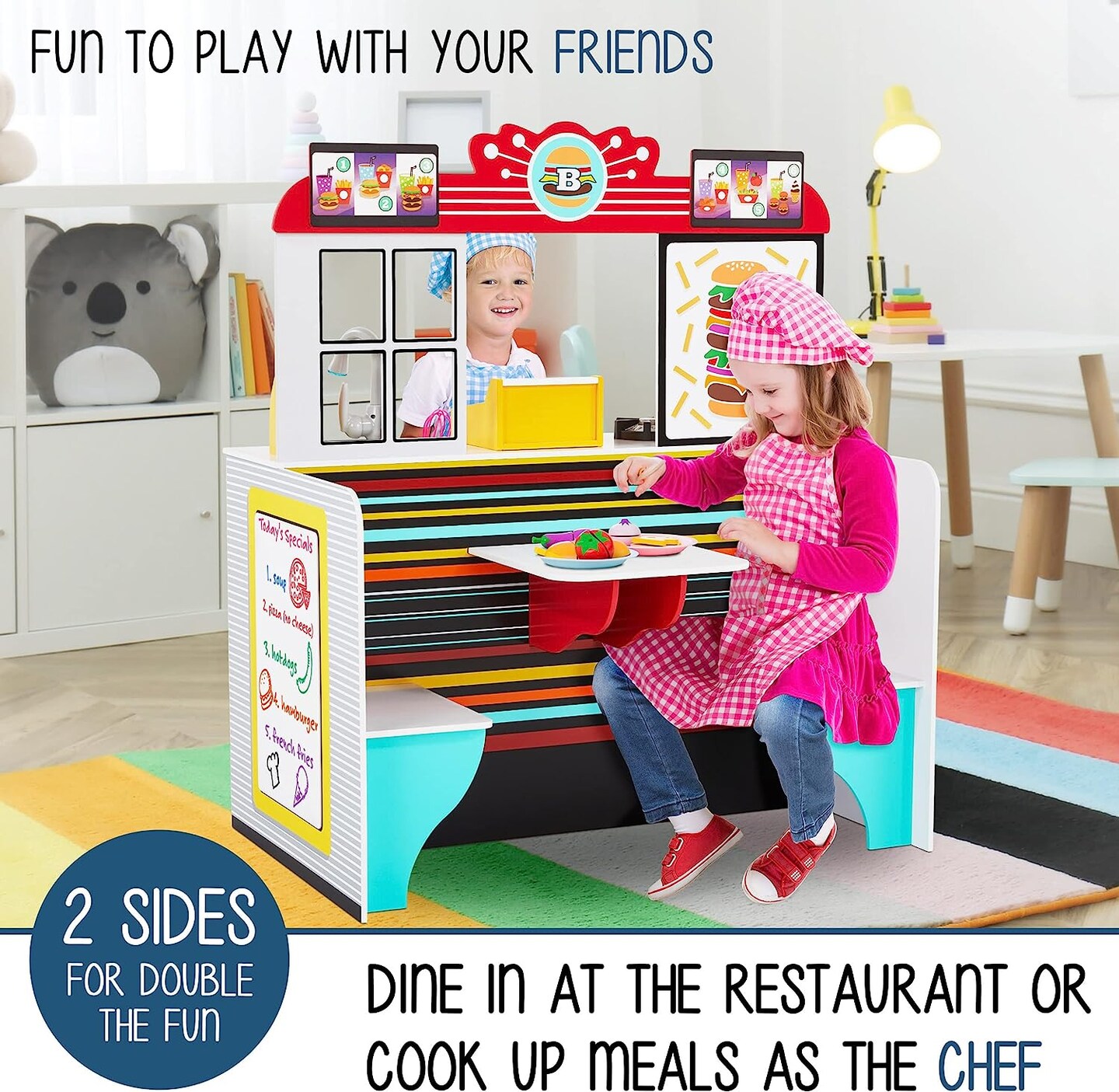 Lil’ Jumbl Double-Sided Restaurant Playset for Kids, Wooden Pretend Diner Set Toy