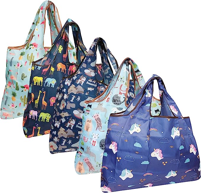 Wrapables Large Foldable Tote Nylon Reusable Grocery Bags, 5 Pack