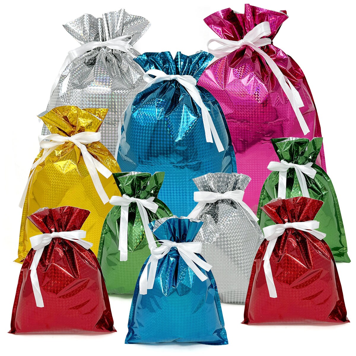 Wrapables Aluminum Foil Hologram Drawstring Gift Bags for Party Favors, Goodie Bag, Treats, Gift Wrap, Parties (Set of 10), Solid Color
