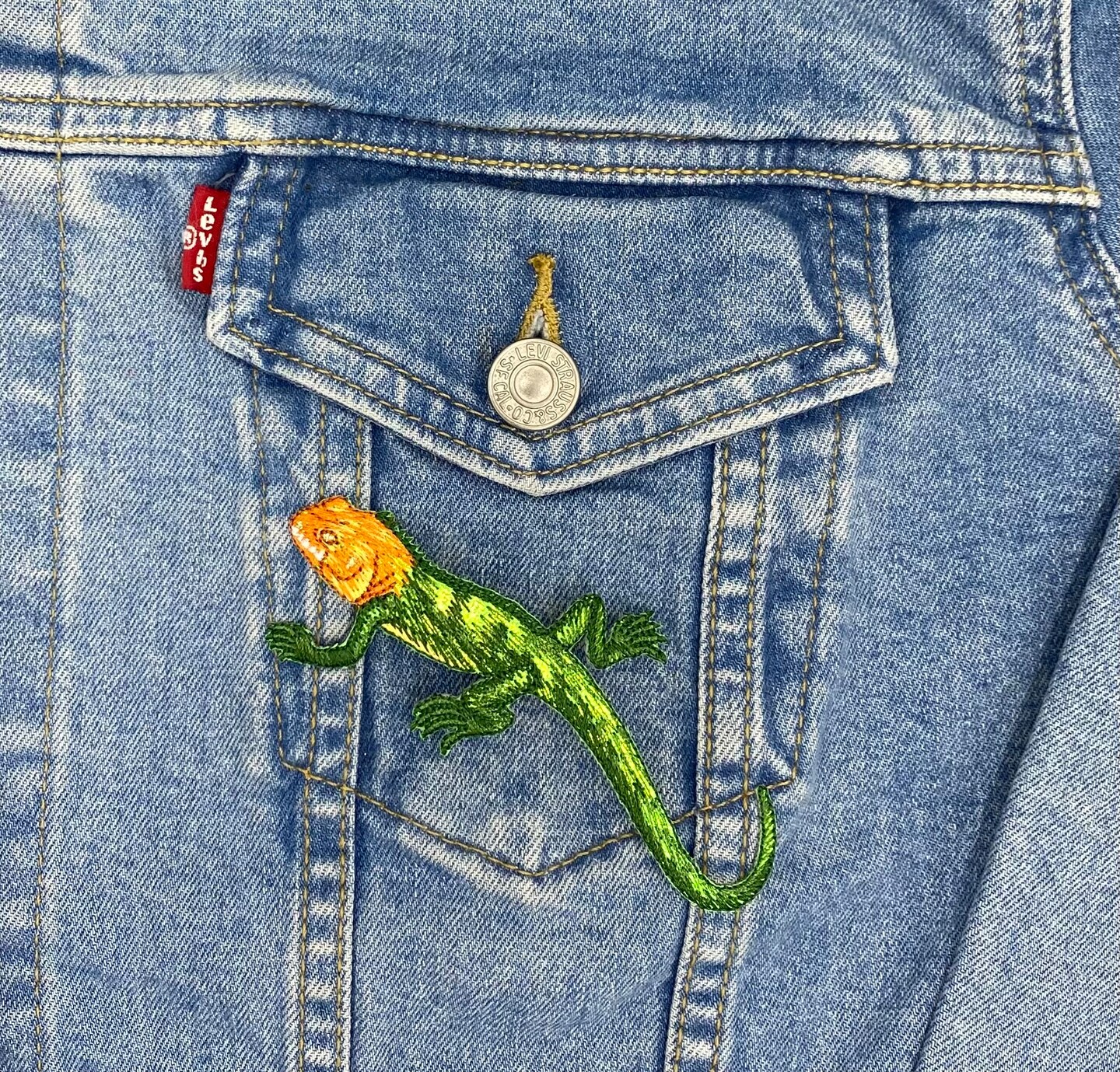 Red-Headed Agama, Green Shimmery Lizard, Facing Left, Embroidered, Iron on Patch