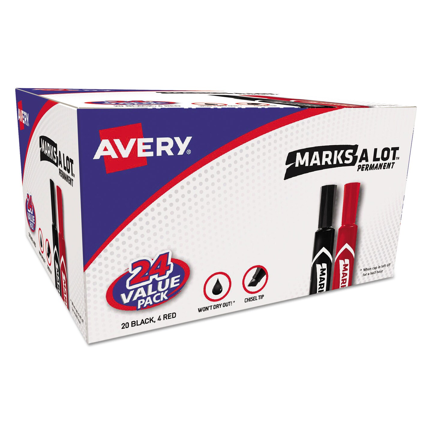 Avery MARKS A LOT Regular Desk-Style Permanent Marker Value Pack Broad Chisel Tip Assorted Colors 24/Pack