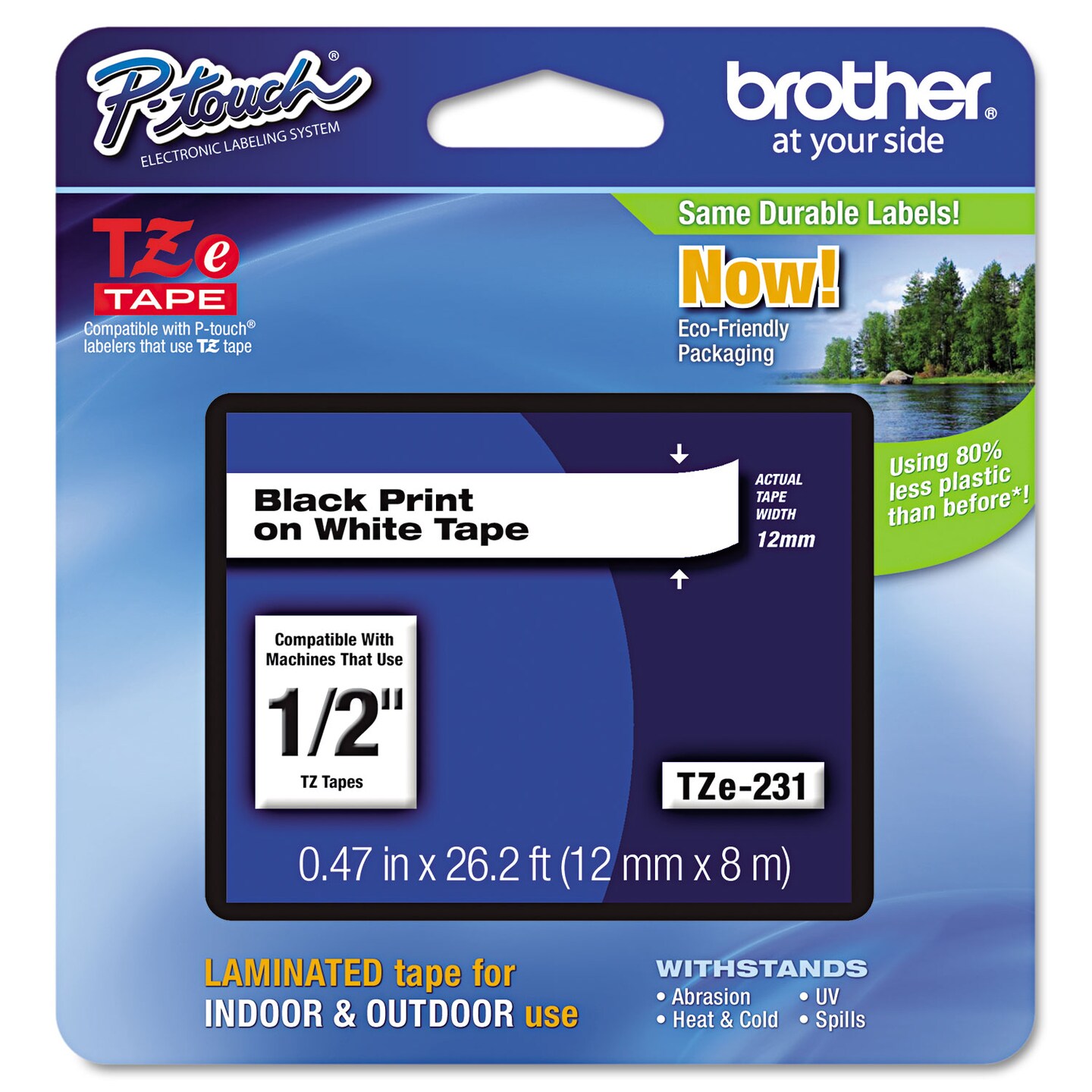 Brother TZe Standard Adhesive Laminated Labeling Tape 0.47 x 26.2 ft Black on White