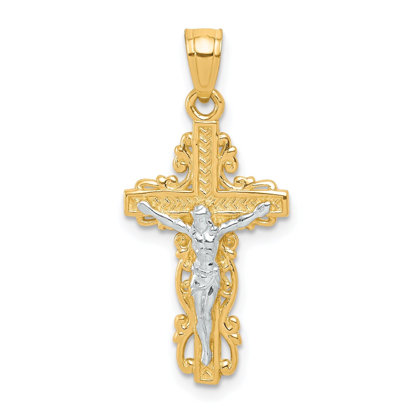 10K Gold & Rhodium Plated Crucifix Pendant Cross Charm Jewelry 27mm x 12mm