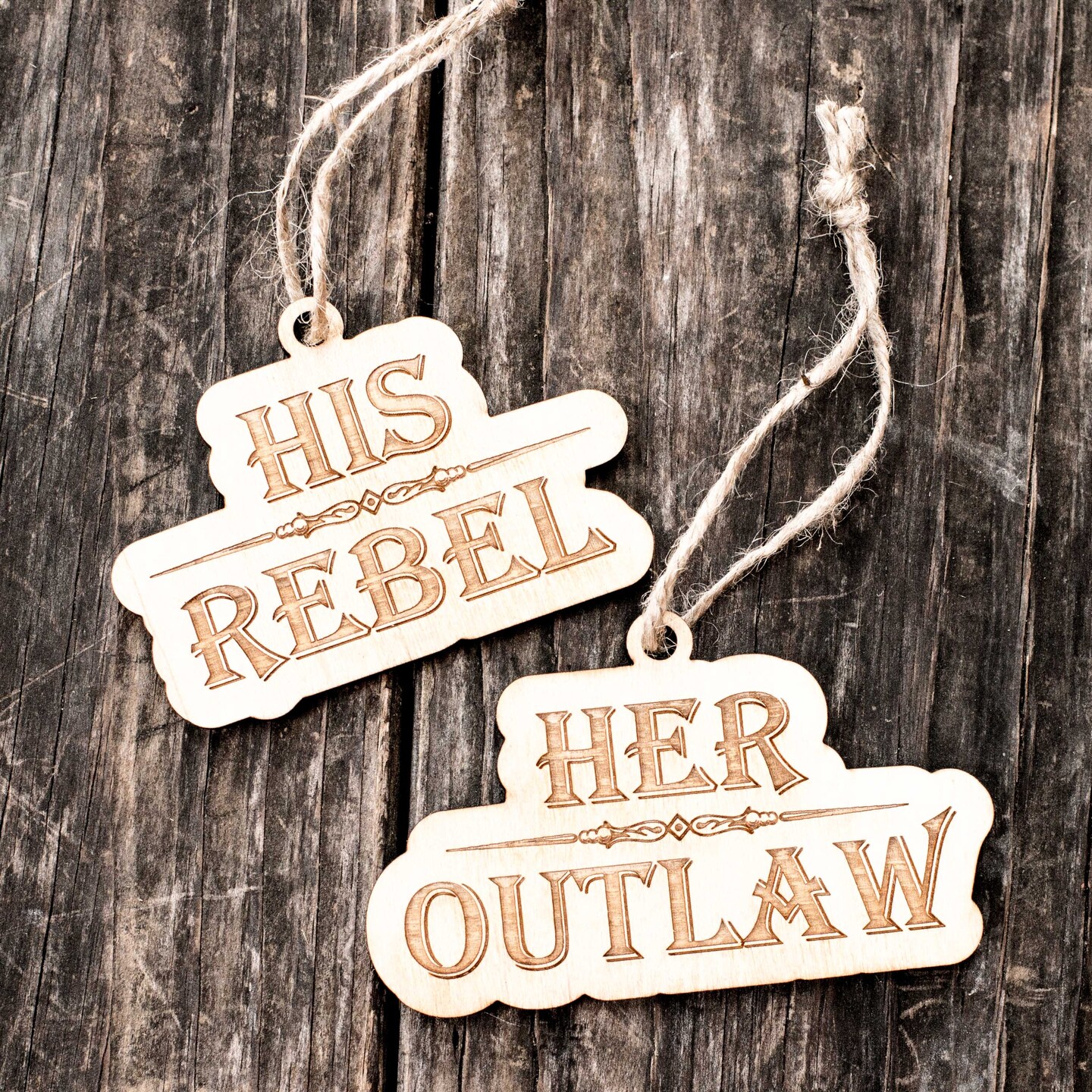 Ornament - His Rebel - Her Outlaw - Set Raw Wood 2x4in Ornament - His Rebel - Her Outlaw - Set Raw Wood 2x4in
