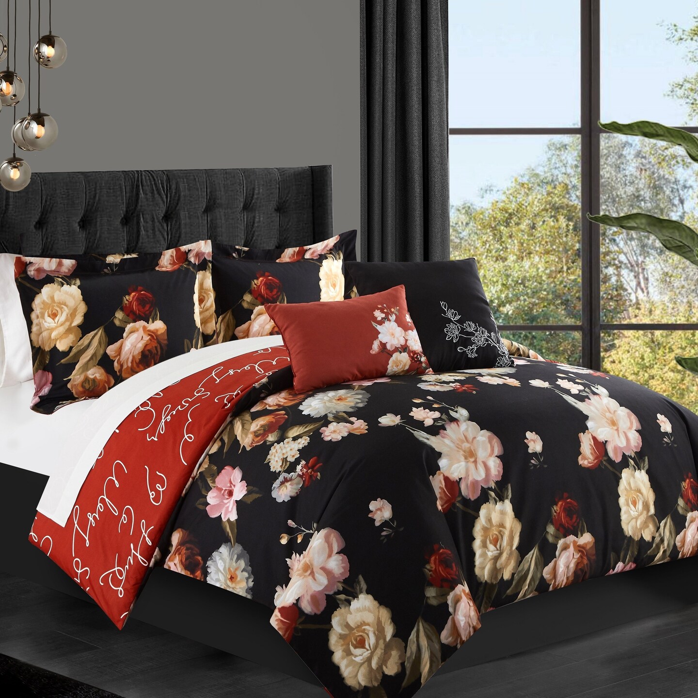 Chic Home Vibrant Floral Print 5 or 4 piece Reversible Comforter Set