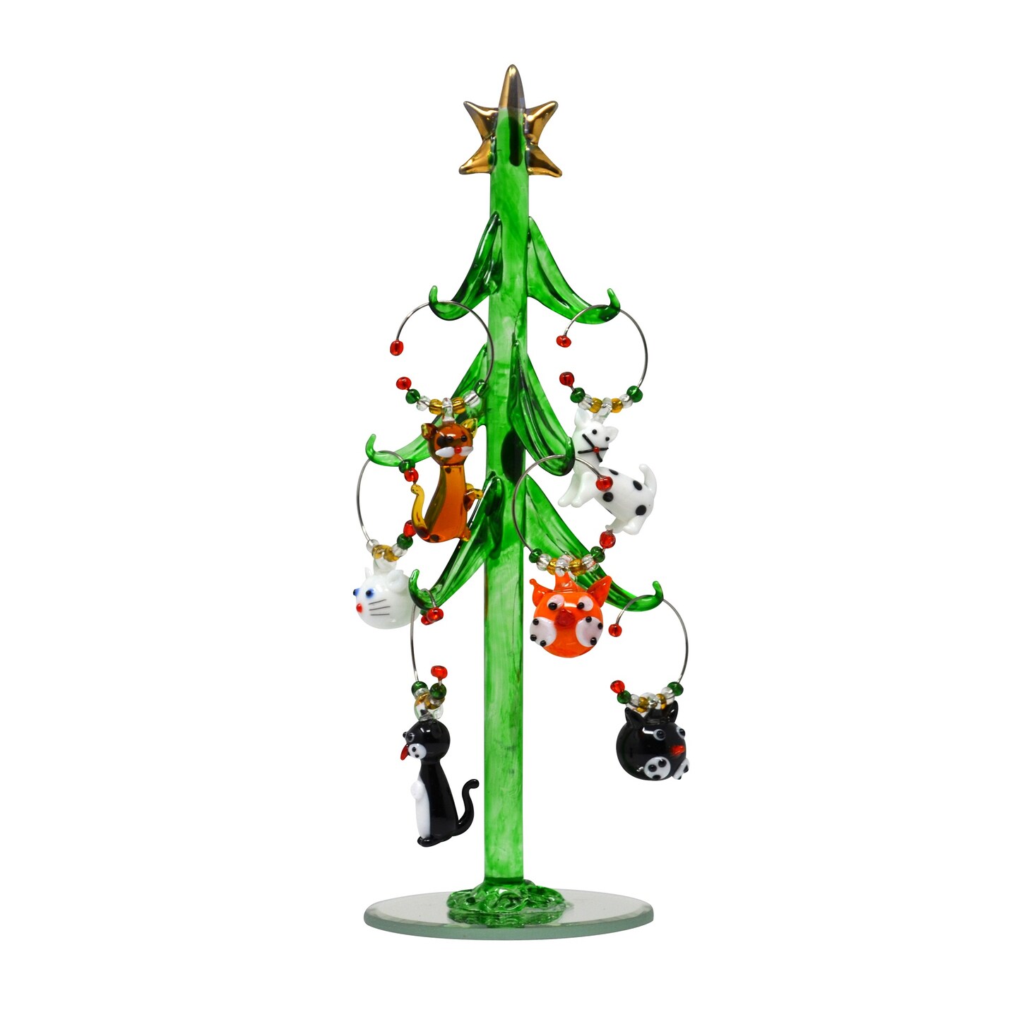 GC Home & Garden Hand Crafted Glass Christmas Tree with Cat Wine Bottle Charm Ornaments - 8"
