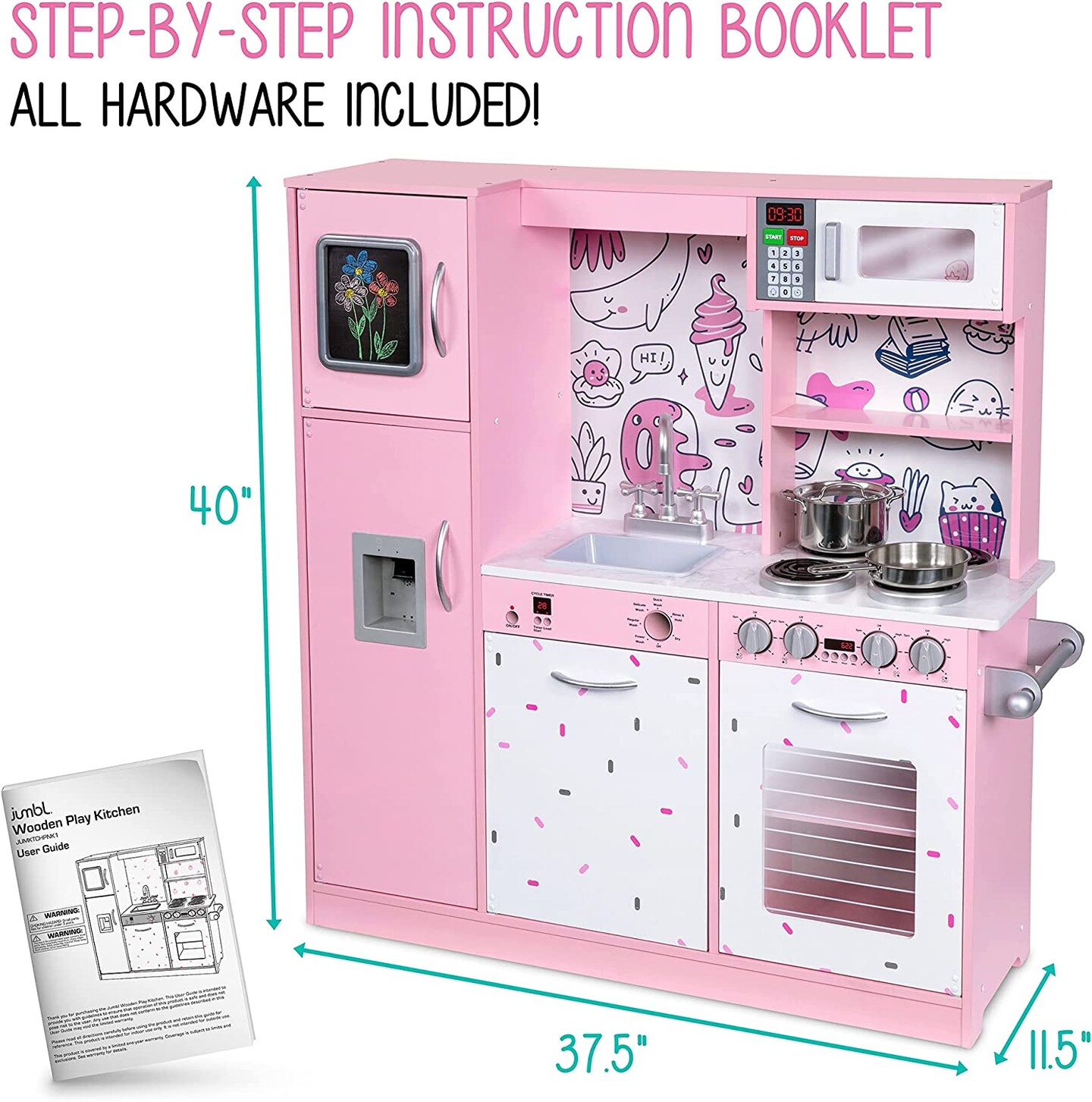 Lil&#x27; Jumbl Kids Kitchen Set, Toddler Pretend Wooden Kitchen Playset - Pink Emoji