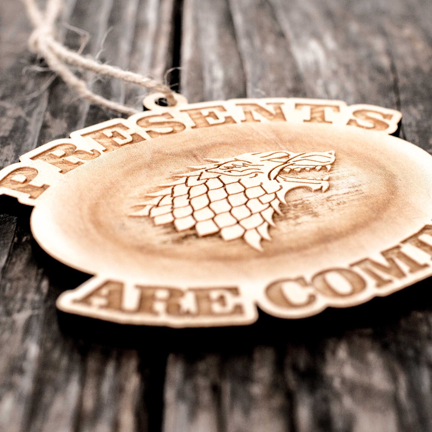 Ornament - Presents are Coming - Raw Wood 4x4in