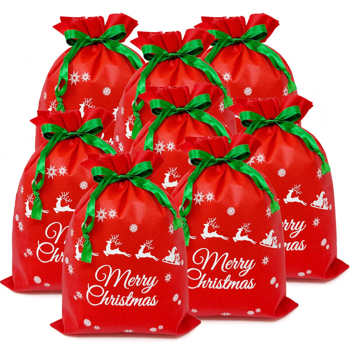 Wrapables Non-Woven Christmas Holiday Drawstring Gift Bags for Party Favors, Goodie Bag, Treats, Gift Wrap, Parties (Set of 8)