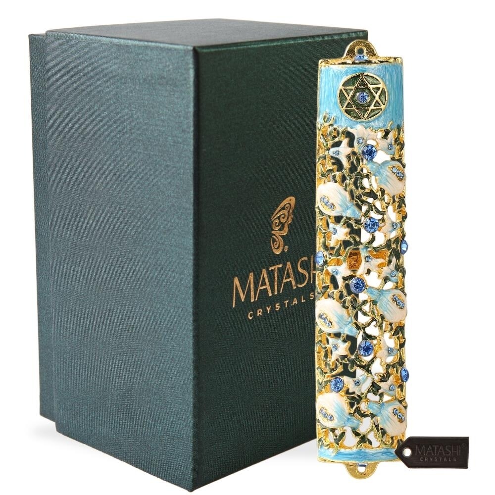Matashi 6&#x22; Hand Painted Enamel Mezuzah Embellished with a Ivy and Flowers Design with Gold Accents and fine Blue Crystals by