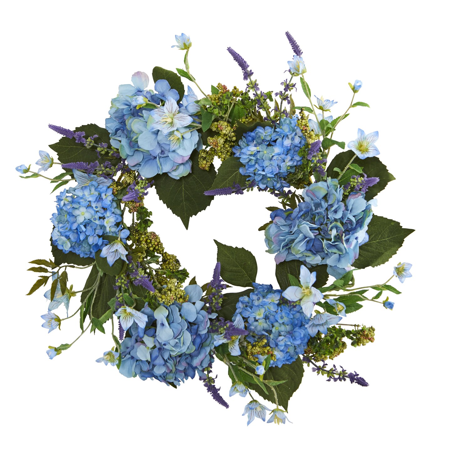 Nearly Natural Blue Hydrangea Spring Wreath, 24-Inch, Unlit
