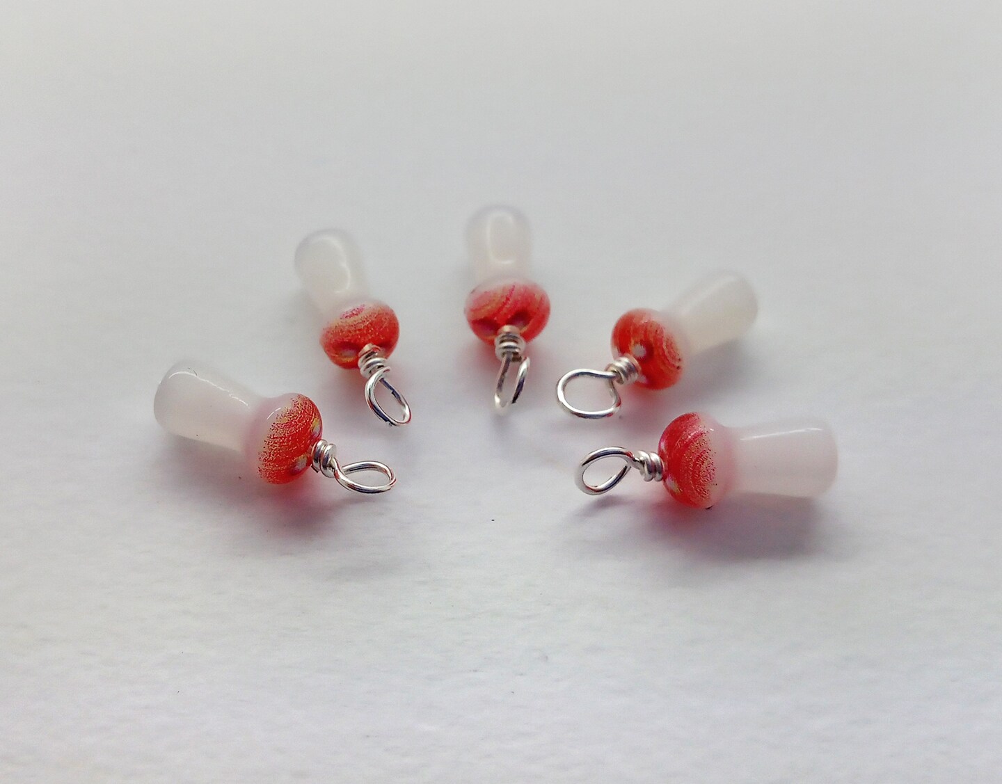Tiny Mushroom Charms, 10 pieces, Miniature Fly Agaric Glass Bead Dangles, Adorabilities