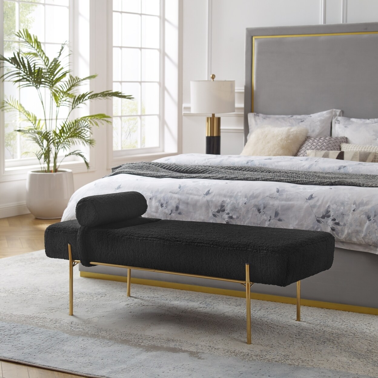 Inspired Home Amadeus Bench - Upholstered Gold Legs Rolled Detachable Pillow