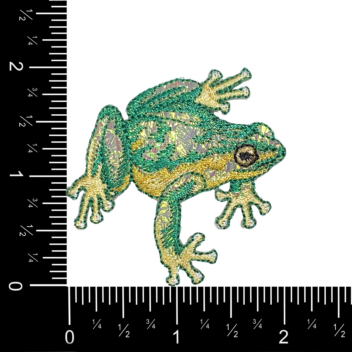 Green Shimmery Frog, Facing Right, Embroidered Iron-on Patch