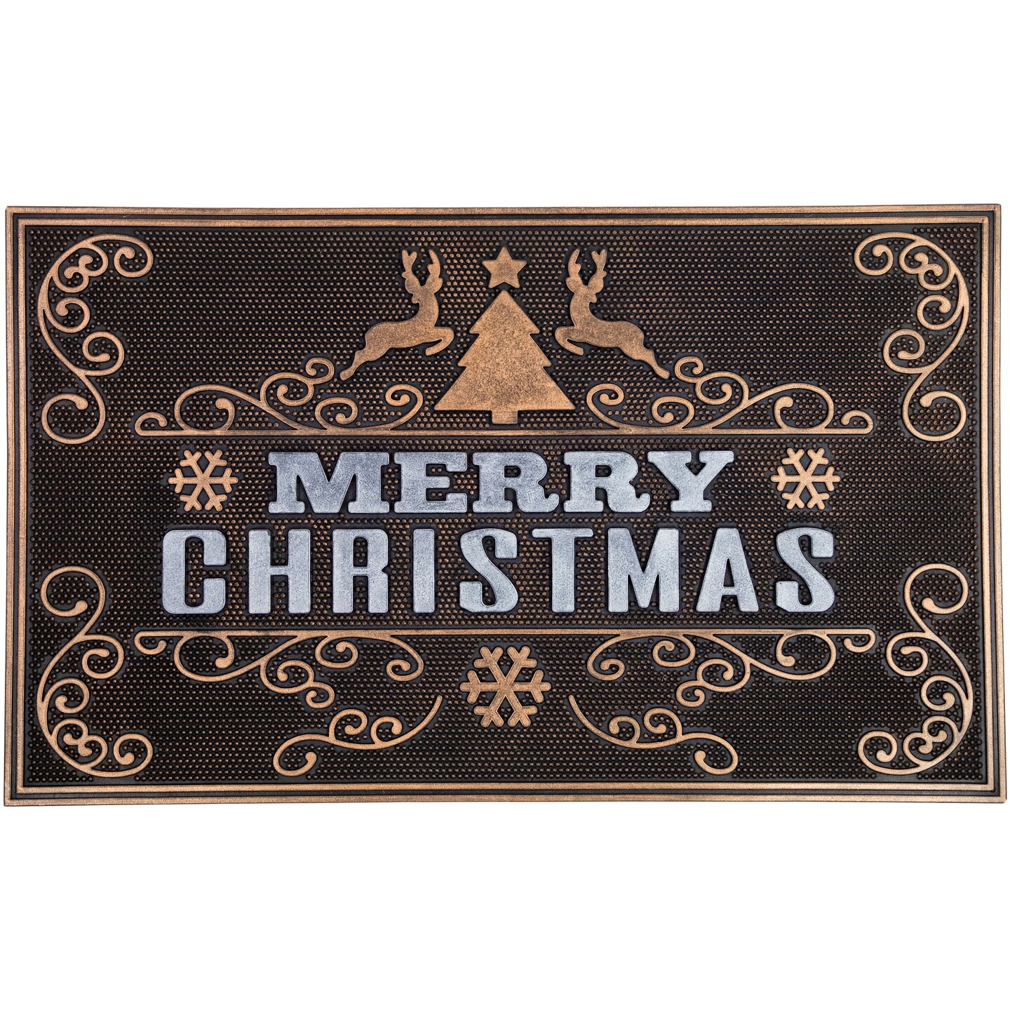 Northlight Copper and Silver Tree and Reindeer &#x22;Merry Christmas&#x22; Doormat 18&#x22; x 30&#x22;