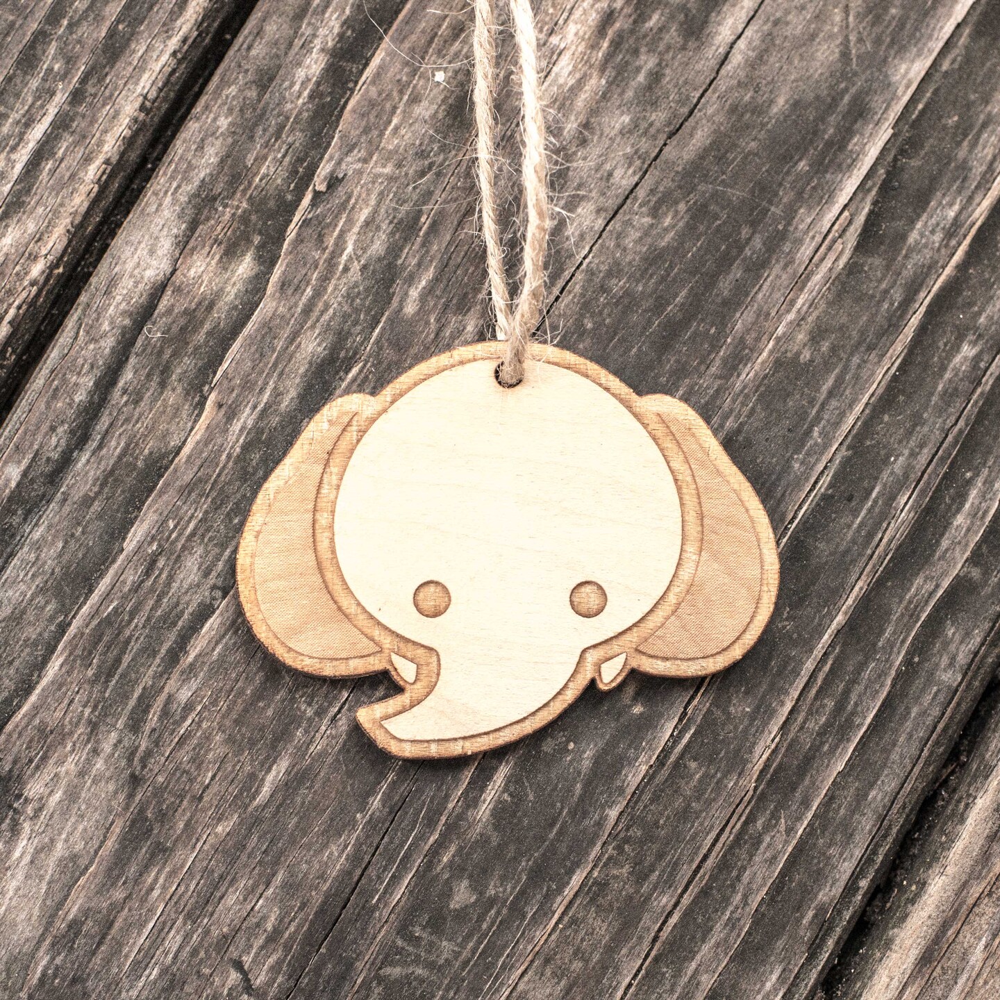 Ornament - Cute Elephant - Raw Wood 3x2in