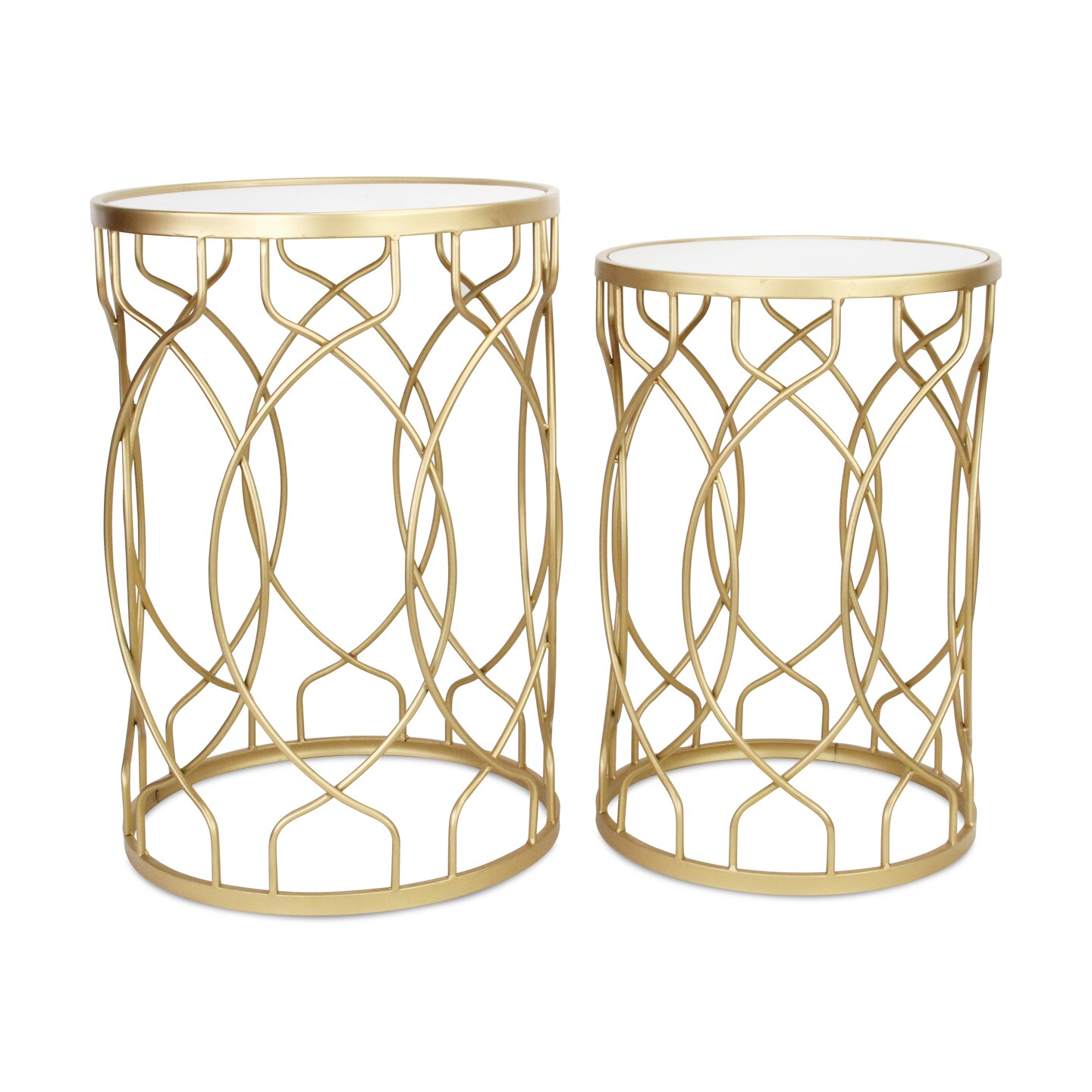 Contemporary Home Living Set of 2 Gold Nesting Tables with Curved Pattern and Metal Framed Round Top Mirror 25&#x22;