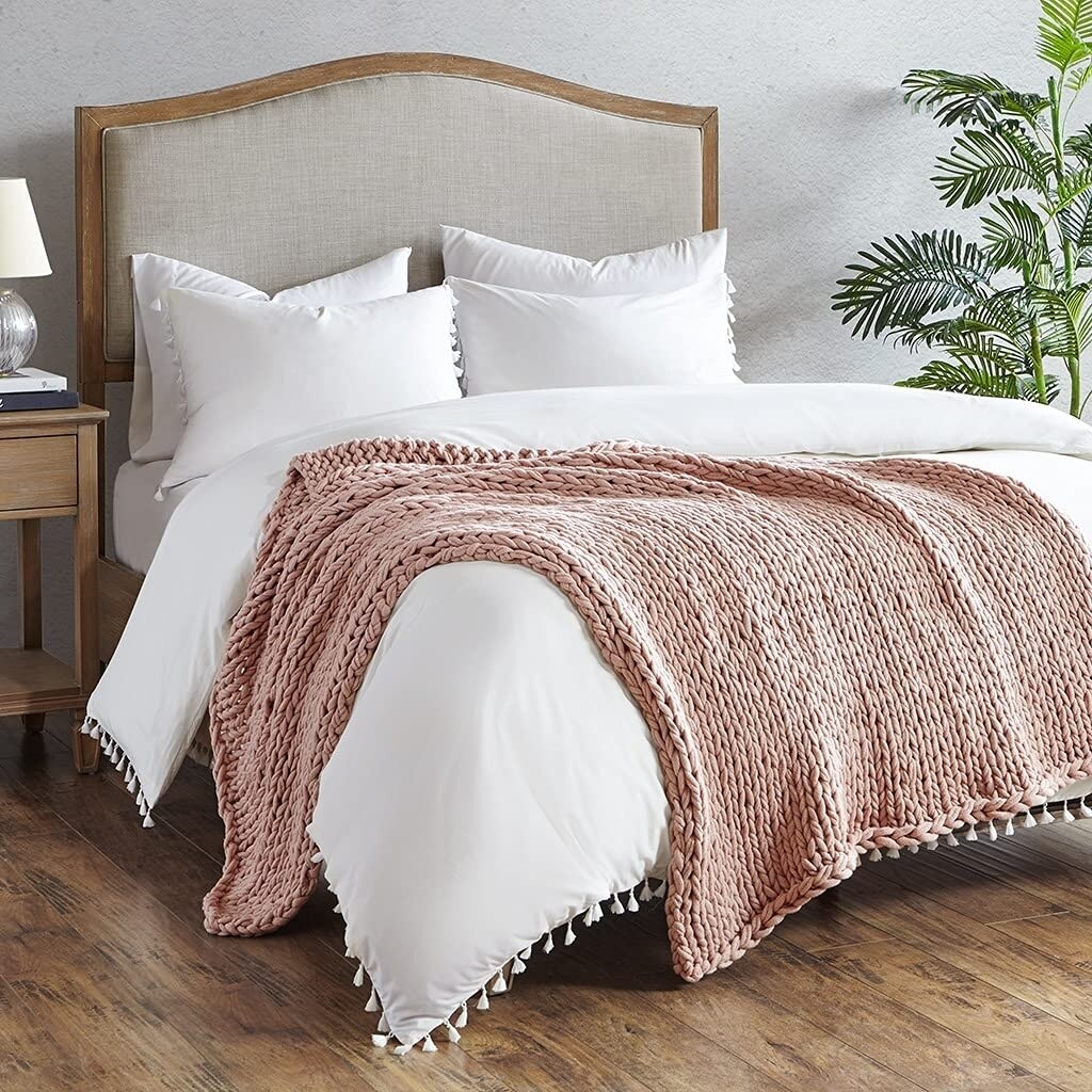 Madison Park   Handmade Chunky Double Knit Throw Blush 50&#x22; W x 60&#x22; L