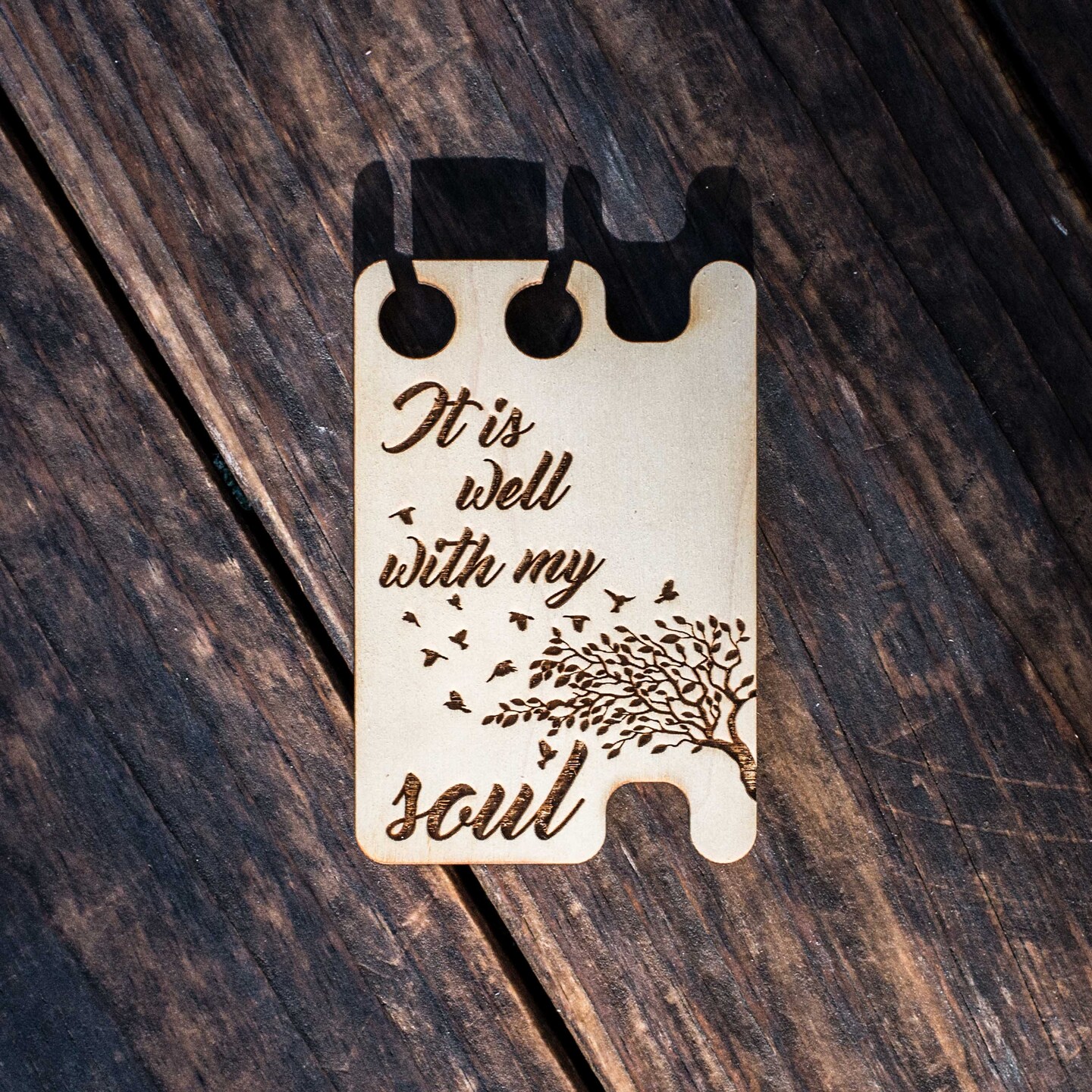 Ear Bud Holder - It&#x27;s Well With My Soul - Raw Wood - 2.5x3.7in