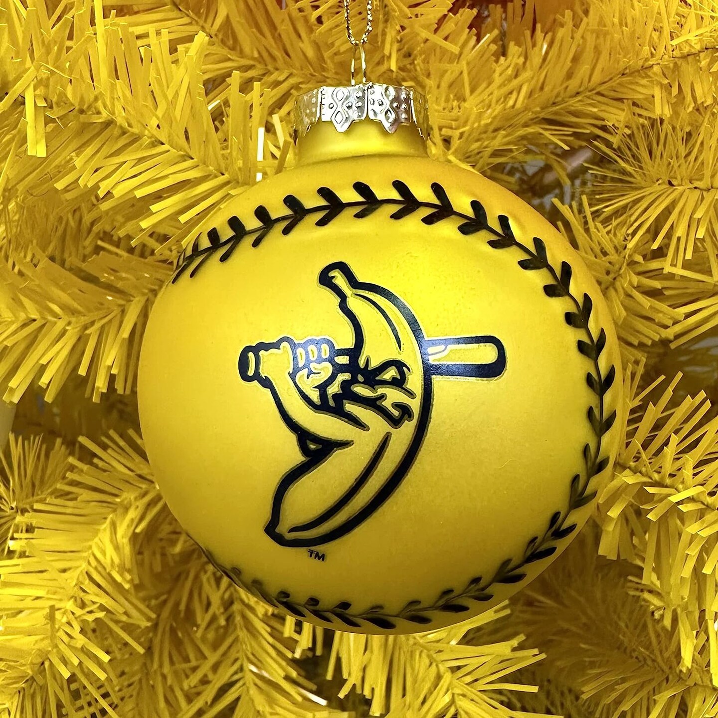 Tree Buddees x Savannah Bananas Yellow Banana Ball Baseball Shaped Glass Christmas Ornament (Banana Ball)