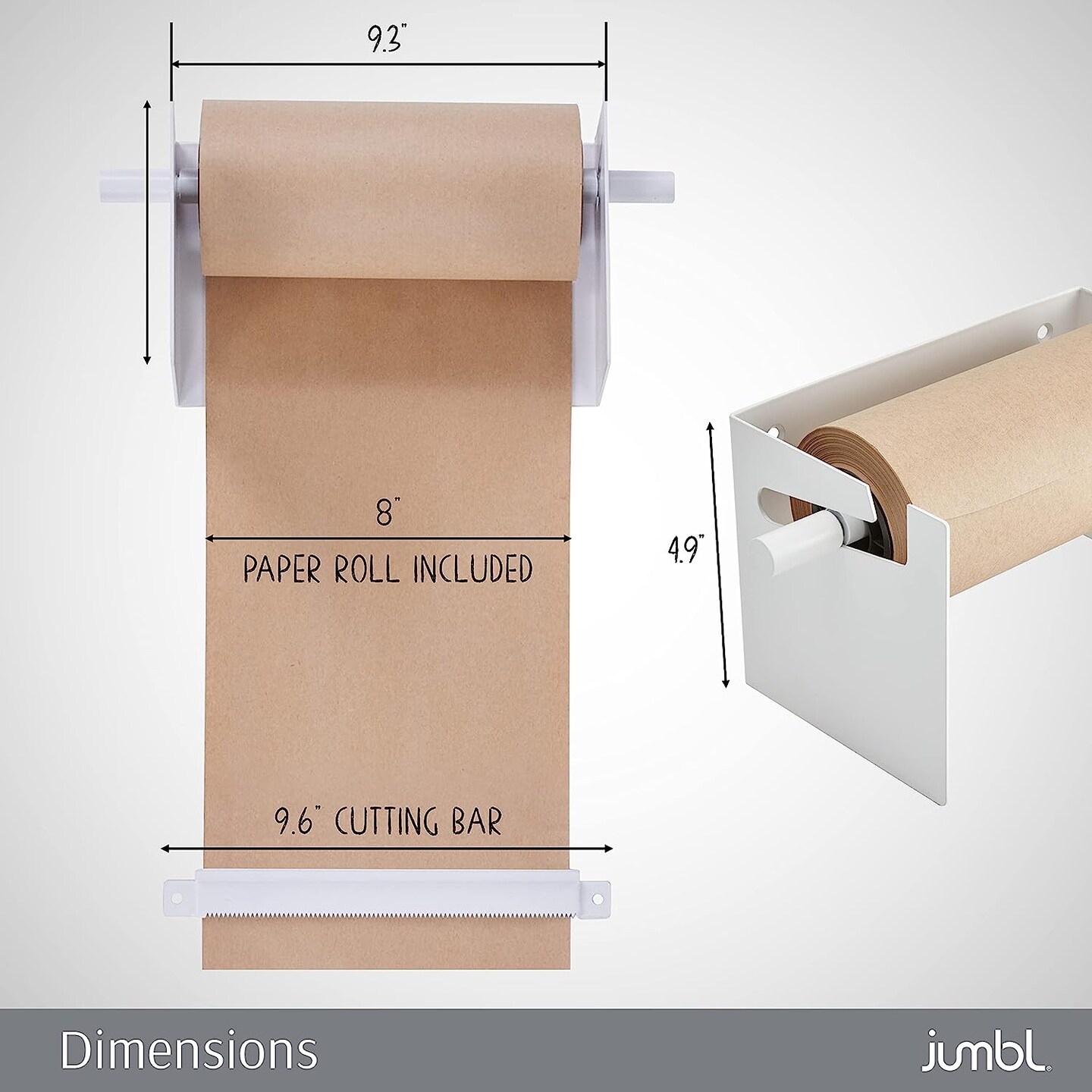 Jumbl Wall Mounted Kraft Paper Dispenser, Hanging Craft Paper Roll Holder with Paper Cutter (White)